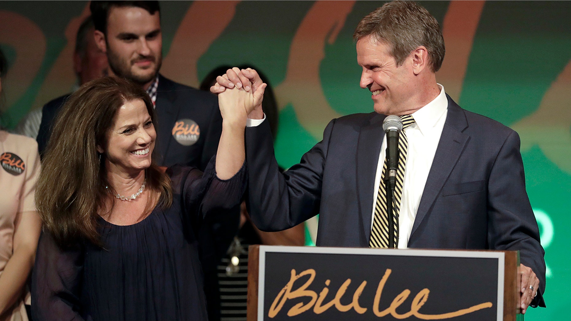 Bill Lee and his wife, Maria, thank supporters at a victory party after Lee won the Republican nomination for Tennessee governor Thursday, Aug. 2, 2018, in Franklin, Tenn. (AP Photo/Mark Humphrey)