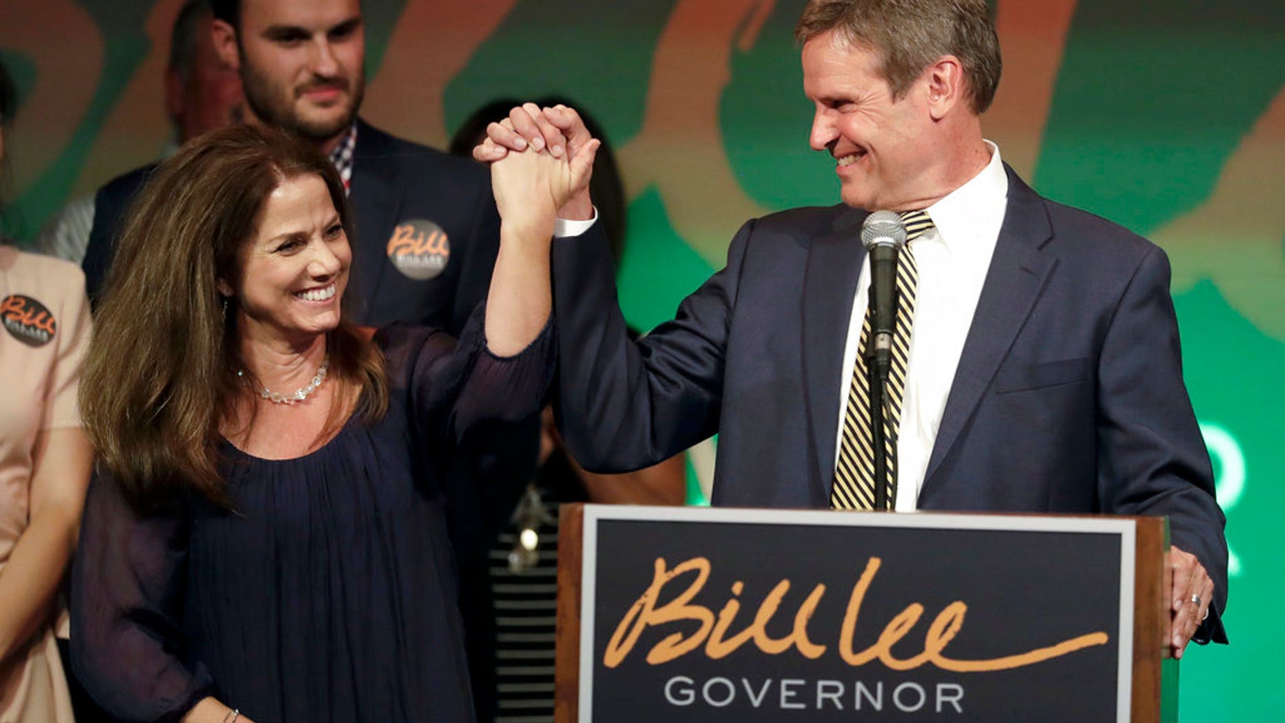 Bill Lee and his wife, Maria, thank supporters at a victory party in Franklin, Tenn., after Lee won the Republican nomination for Tennessee governor, Aug. 2, 2018.