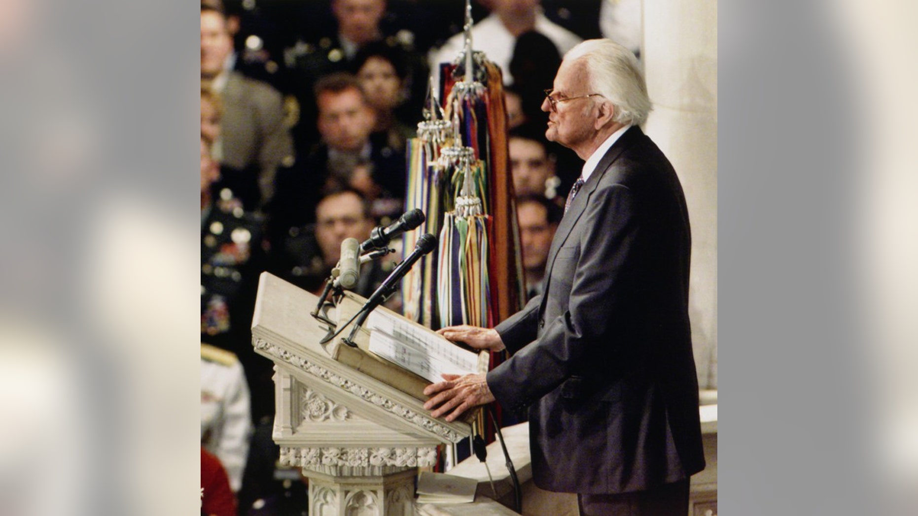 Rev. Billy Graham preaches the sermon at the National Cathedral in Washington, D.C., on September 14, 2001. (Billy Graham Evangelistic Association)