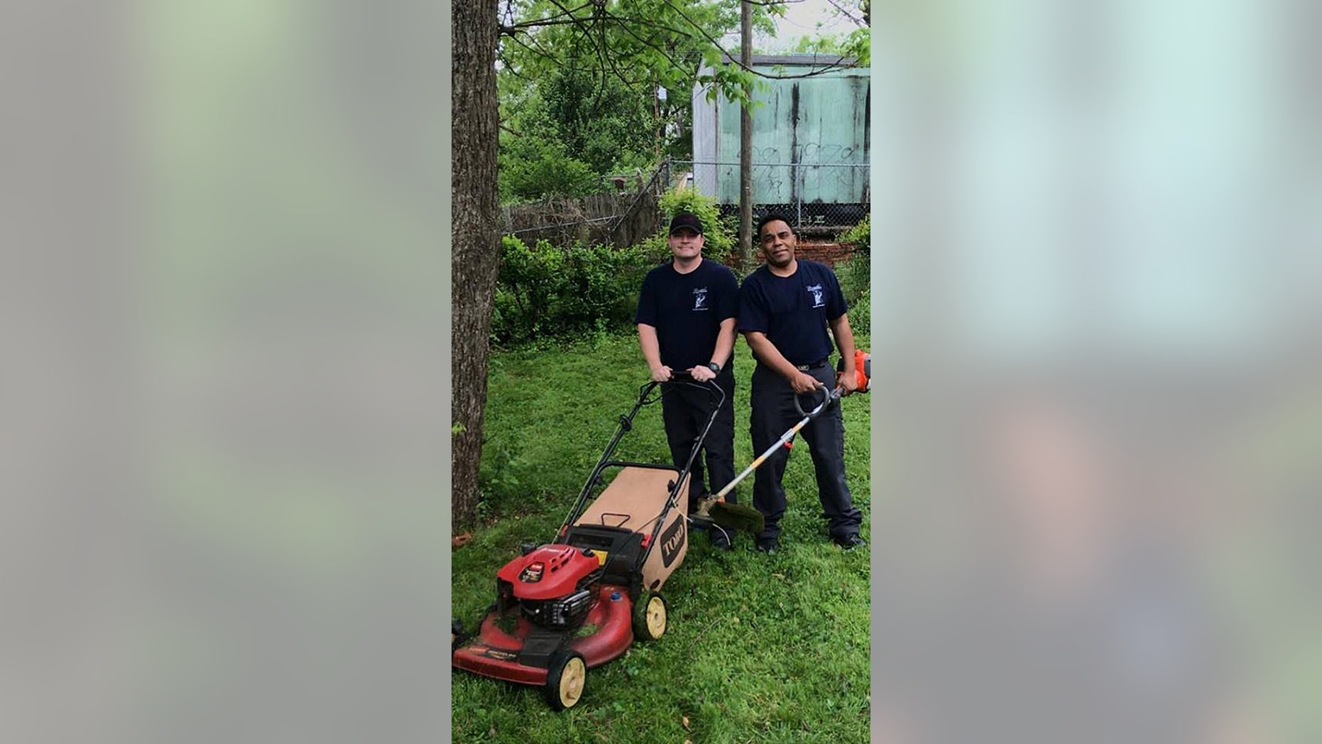Birmingham Firefighters Tommy Carter and Timothy Kennedy helped mow the law of a military veteran after he was transported to the hospital with chest pains.