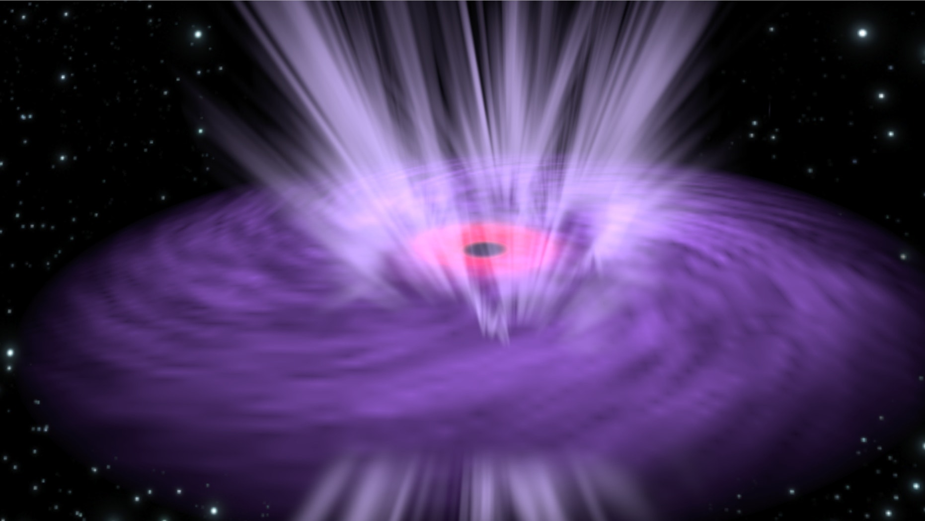 An artist's impression of a black hole accretion disk. X-rays radiating from the edge of a black hole have been observed interacting with hot, gaseous winds that emanate from these accretion disks.