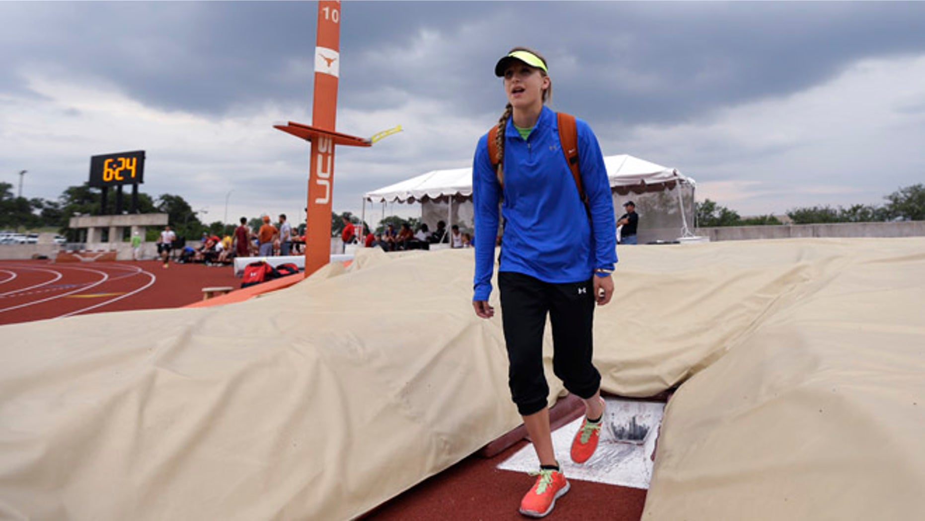 May 10, 2013: Emory Rains High School's Charlotte Brown, 15, gets a feel for the pole vault pit at the UIL State Track & Field meet in Austin, Texas.