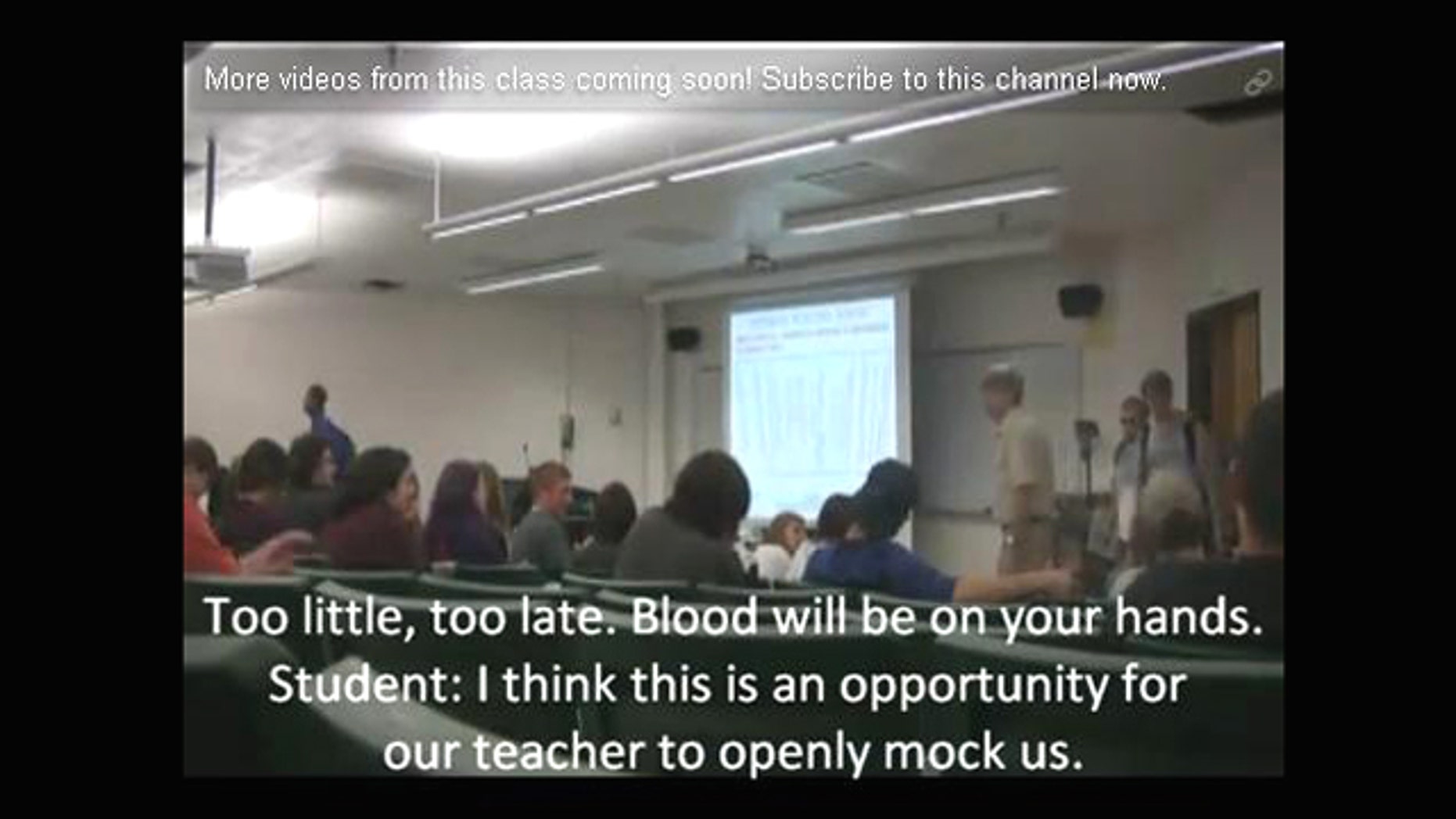 A screen shot from a YouTube video posted by a conservative group shows an LSU professor admonishing his students of the dangers of global warming.