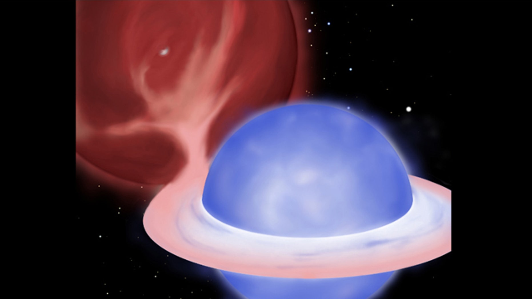 An artist's concept showing a so-called "blue straggler" star stealing mass from its partner in a binary star system. Soon the giant star (upper left) will donate the remainder of its envelope, leaving only a half-solar-mass white dwarf core (shown peeking through the tenuous envelope of the giant) as the companion to the blue straggler.