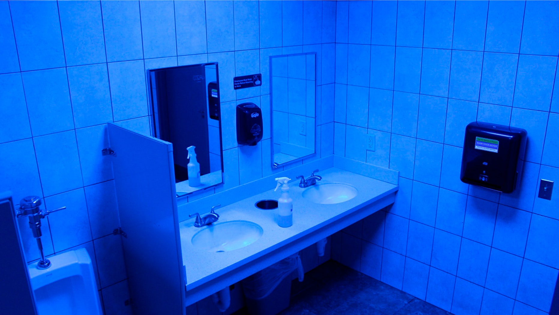 A public bathroom bathed in blue light is seen at this Turkey Hill convenience store in Wilkes-Barre, Pa.