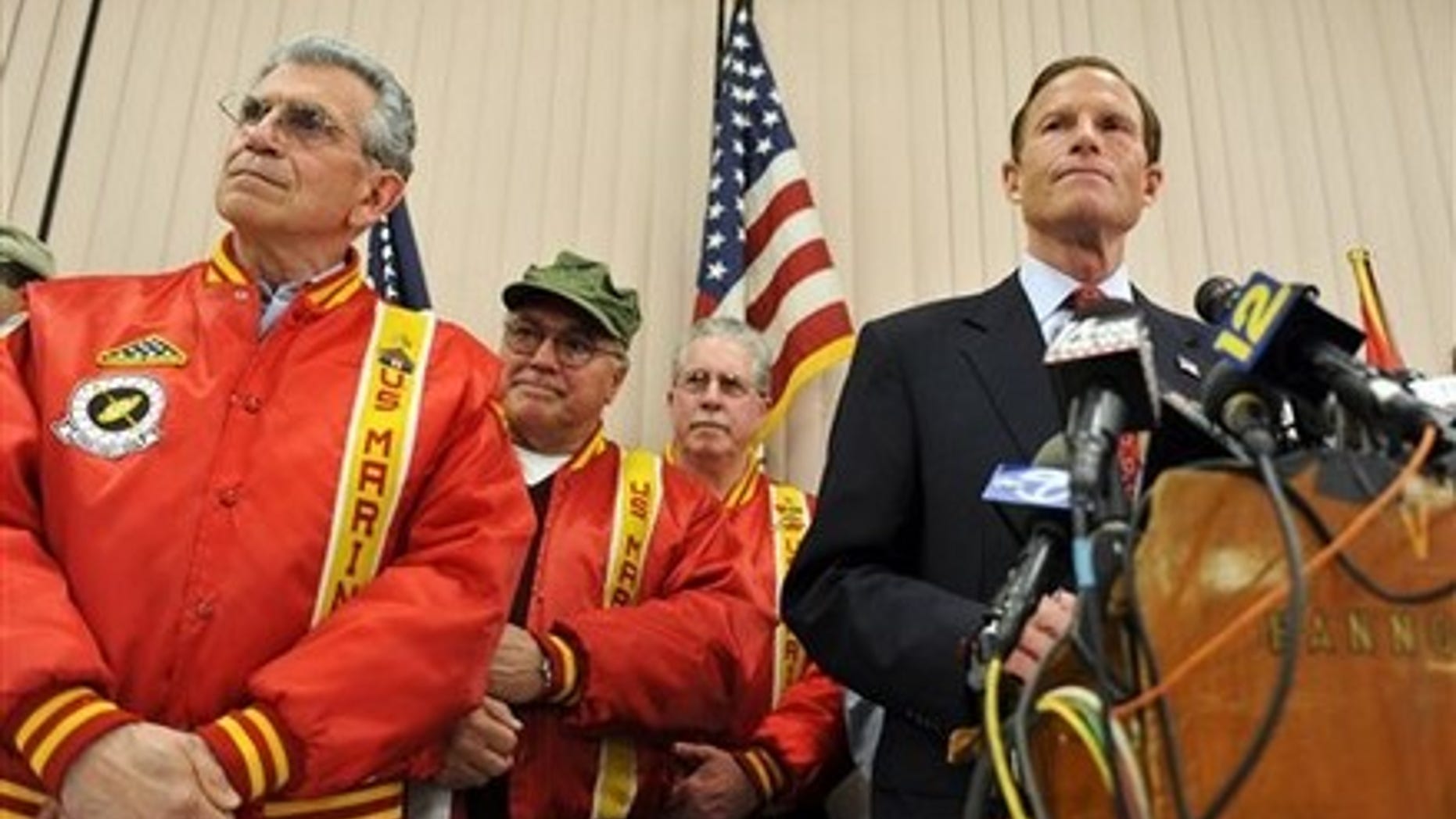 FILE: Connecticut Attorney General and Democratic candidate for U.S. Senate Richard Blumenthal stood with veterans in May to discuss misstatements about his military service during the Vietnam War. (AP Photo)