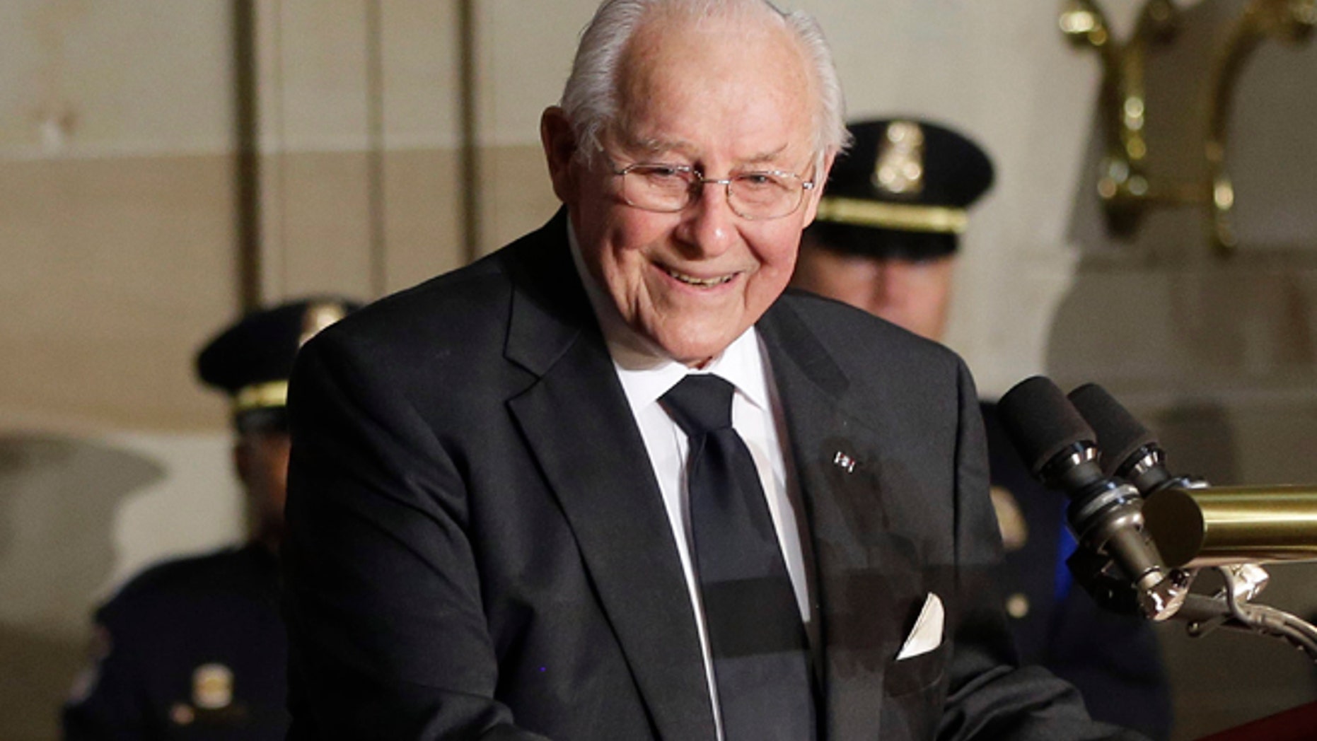 FILE - In this photo taken Oct. 29, 2013, former House Minority Leader Bob Michel speaks on Capitol Hill in Washington. A former aide says Michel has died at age 93. (AP Photo/Pablo Martinez Monsivais)