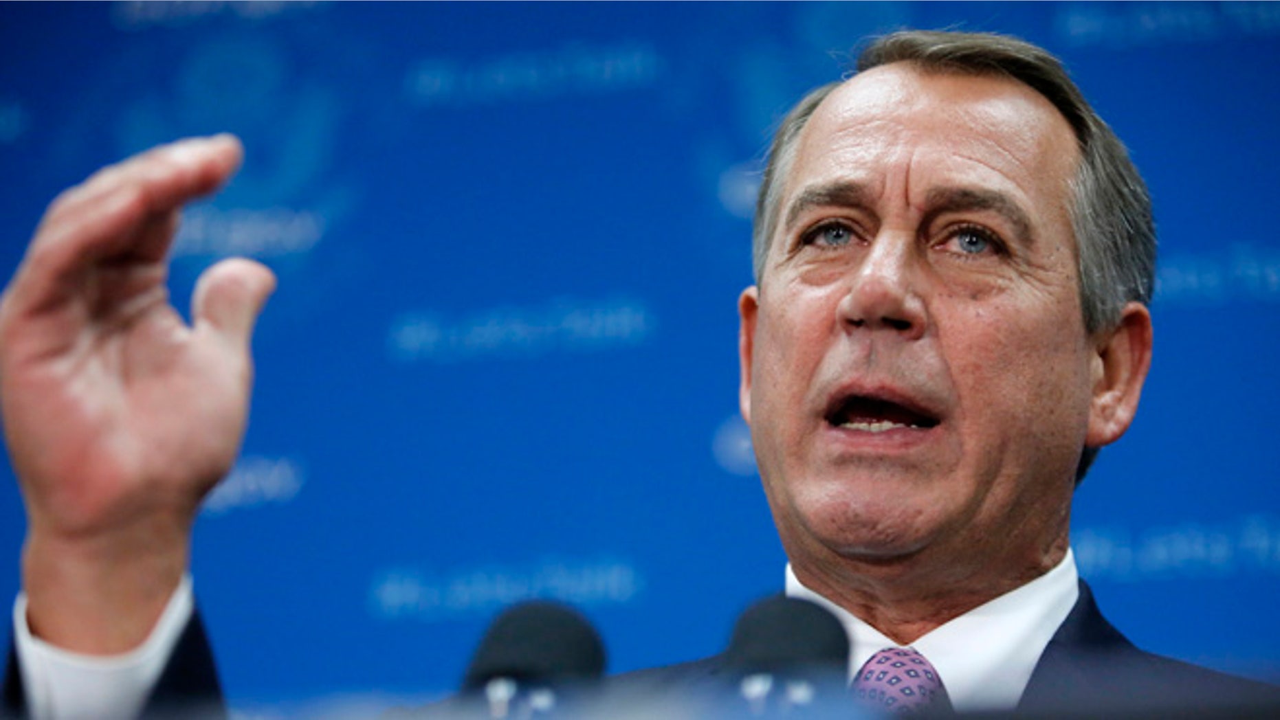 Oct. 4, 2013: U.S. House Speaker John Boehner (R-OH) addresses reporters during a news conference with fellow House Republicans at the U.S. Capitol in Washington. Boehner on Friday said the House will not vote on a "clean" spending bill without conditions to end the government shutdown, and demanded spending cuts in exchange for raising the government's borrowing limit.