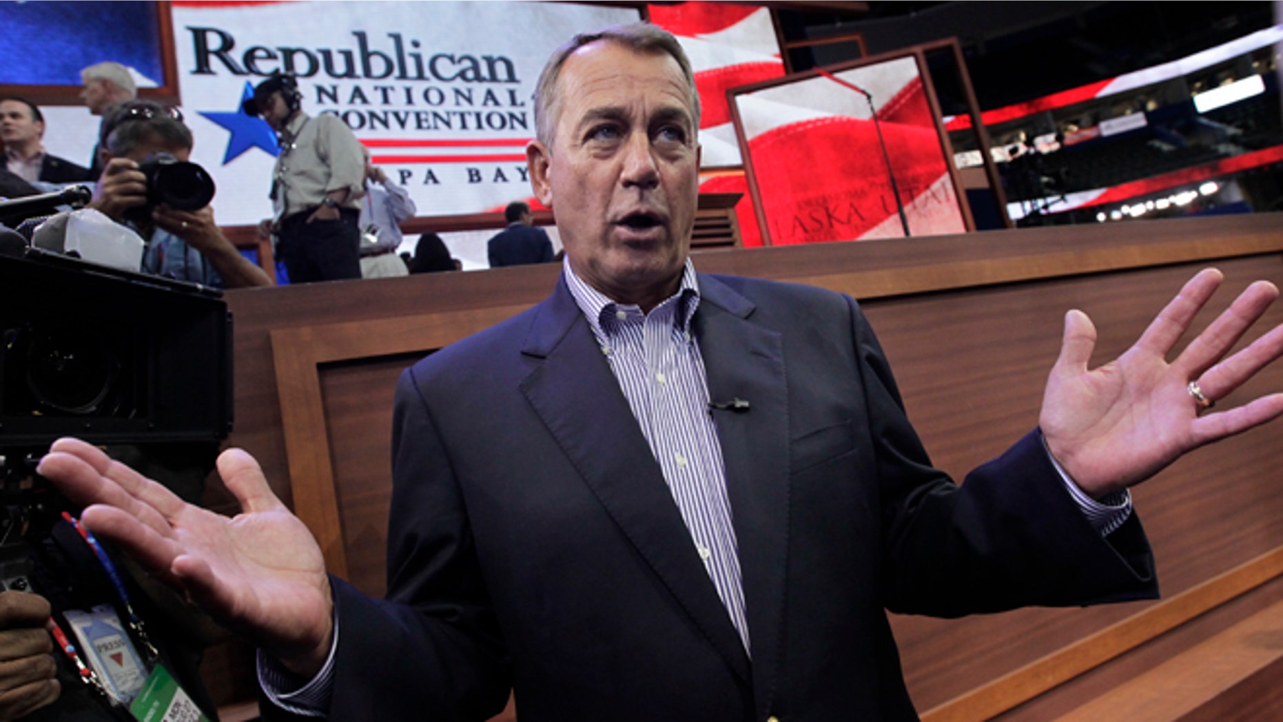 Aug. 27, 2012: House Speaker John Boehner of Ohio speaks on the floor of the Republican National Convention in Tampa, Fla.