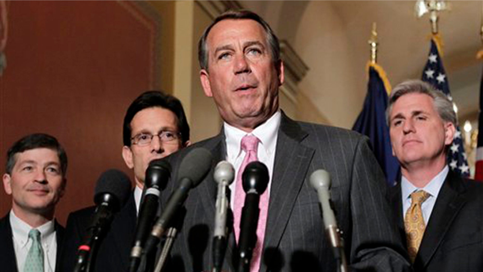House Speaker John Boehner and other GOP leaders discuss budget negotiations on Capitol Hill in Washington March 29.