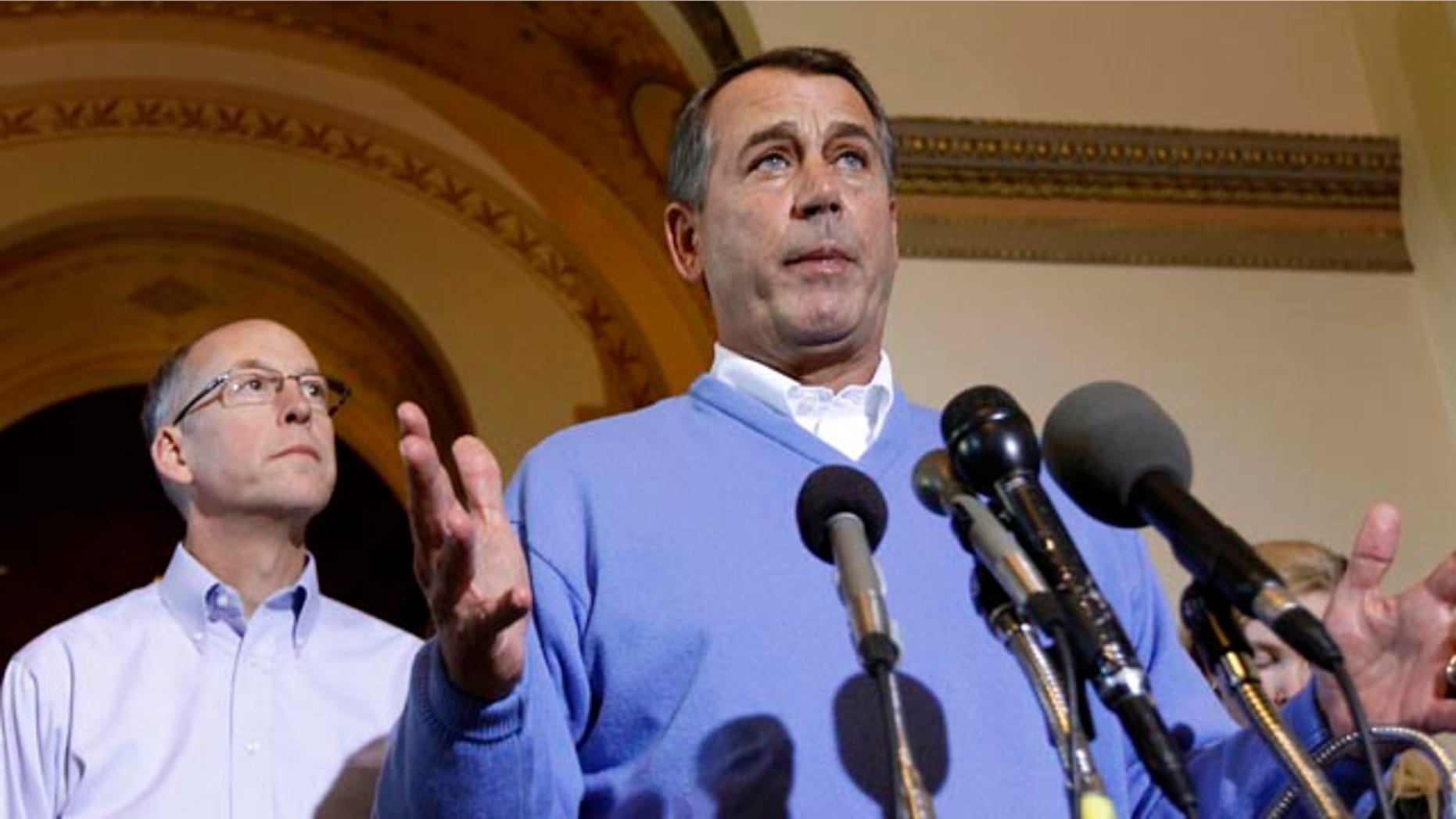 Nov. 10: House Speaker-in-waiting John Boehner of Ohio accompanied by Republican Majority Transition Chairman Rep. Greg Walden, R-Ore., speaks during a news conference on Capitol Hill. Boehner announced he plans to fly commercial as House Speaker.