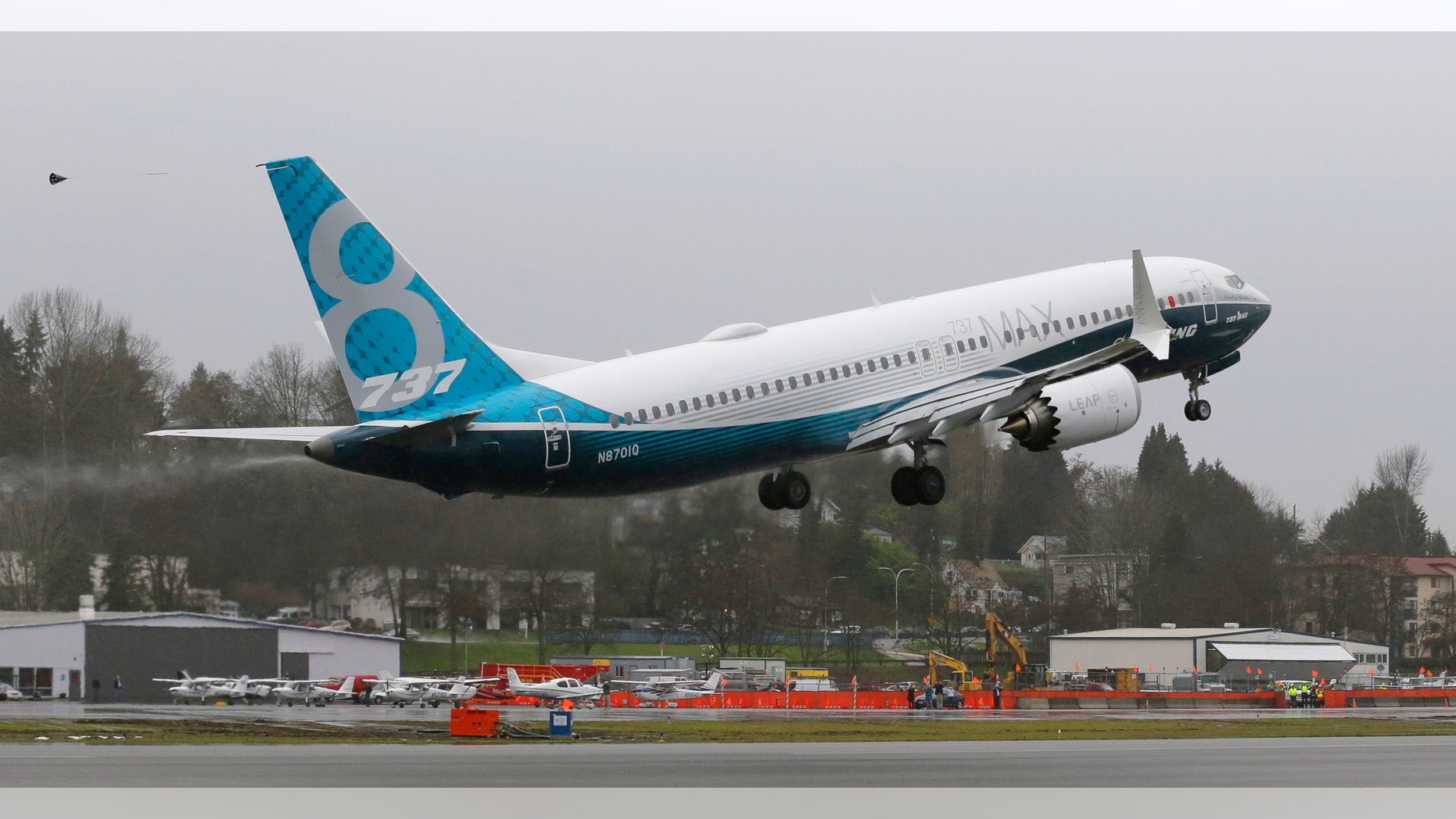 A Boeing 737 MAX airplane takes off on its first test flight, Friday, Jan. 29, 2016, in Renton, Wash. (AP Photo/Ted S. Warren)