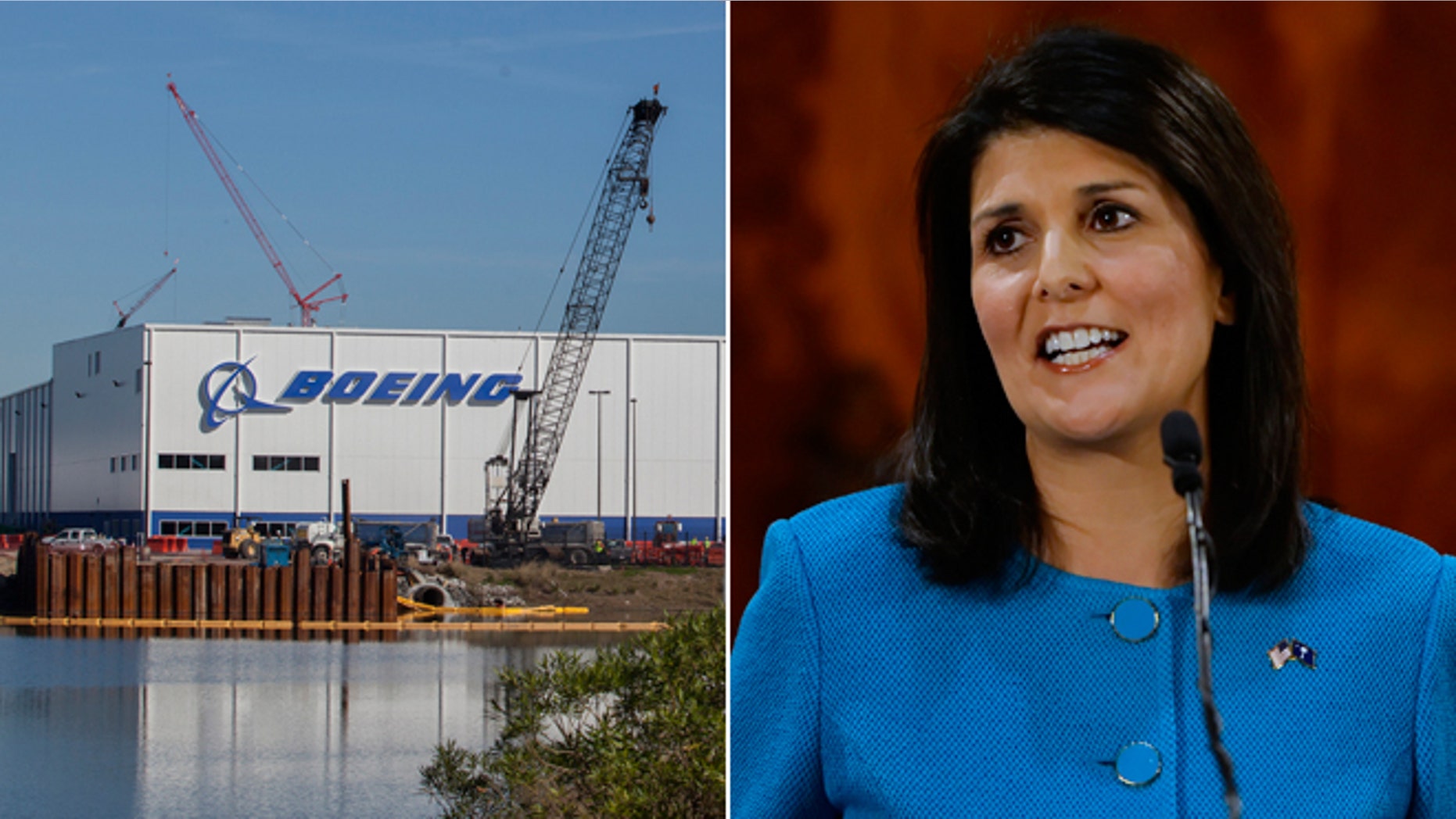 This Dec. 19, 2013 file photo shows the entrance to Boeing in North Charleston, S.C., and in this Wednesday, Jan. 21, 2015 photo South Carolina Gov. Nikki Haley delivers her State of the State address to the joint session of the legislature at the Statehouse in Columbia, S.C.