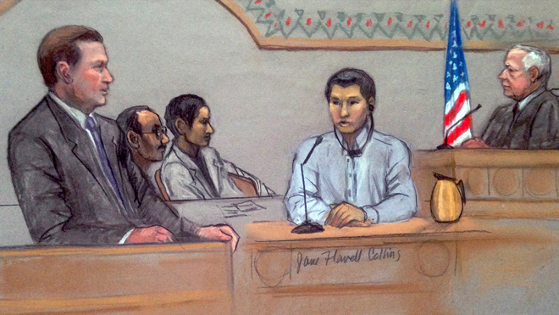 In this courtroom sketch, Dias Kadyrbayev, second from right, testifies in federal court Monday, June 2, 2014, in Boston. (AP)