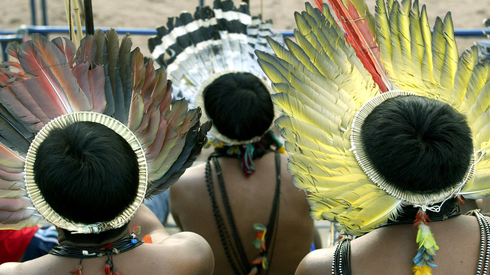 File photo. Members of the Brazil's Surui nation, wearing their traditional 'Cokar,' handmade with plume of macaw, watch the VI Indigenous Nation's Games competition in Palmas, northern Brazil, November 5, 2003.