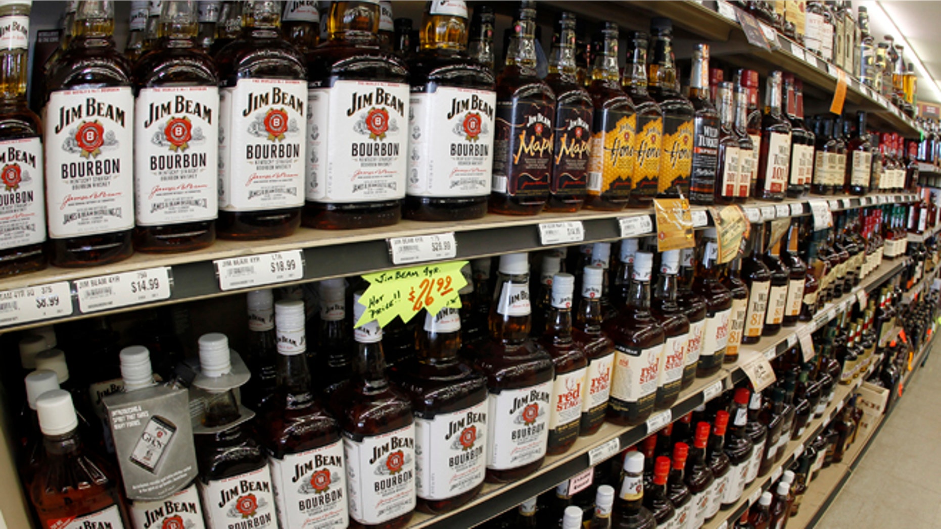 Jan. 28, 2014: A view of the many different types of Kentucky bourbon that are produced in Kentucky are displayed at a Party Mart liquor store in Louisville, Kentucky.
