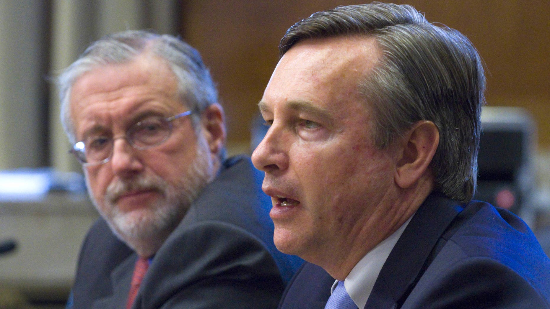 Bill Borchardt, executive director for Operations, Nuclear Regulatory Commission (NRC), right, accompanied by Dr. Peter Lyons, acting assistant Energy Secretary for Nuclear Energy, testifies on Capitol Hill in Washington, Tuesday, March 29, 2011, before the Senate Energy and Natural Resources Committee hearing on Japan's nuclear disaster. (AP)