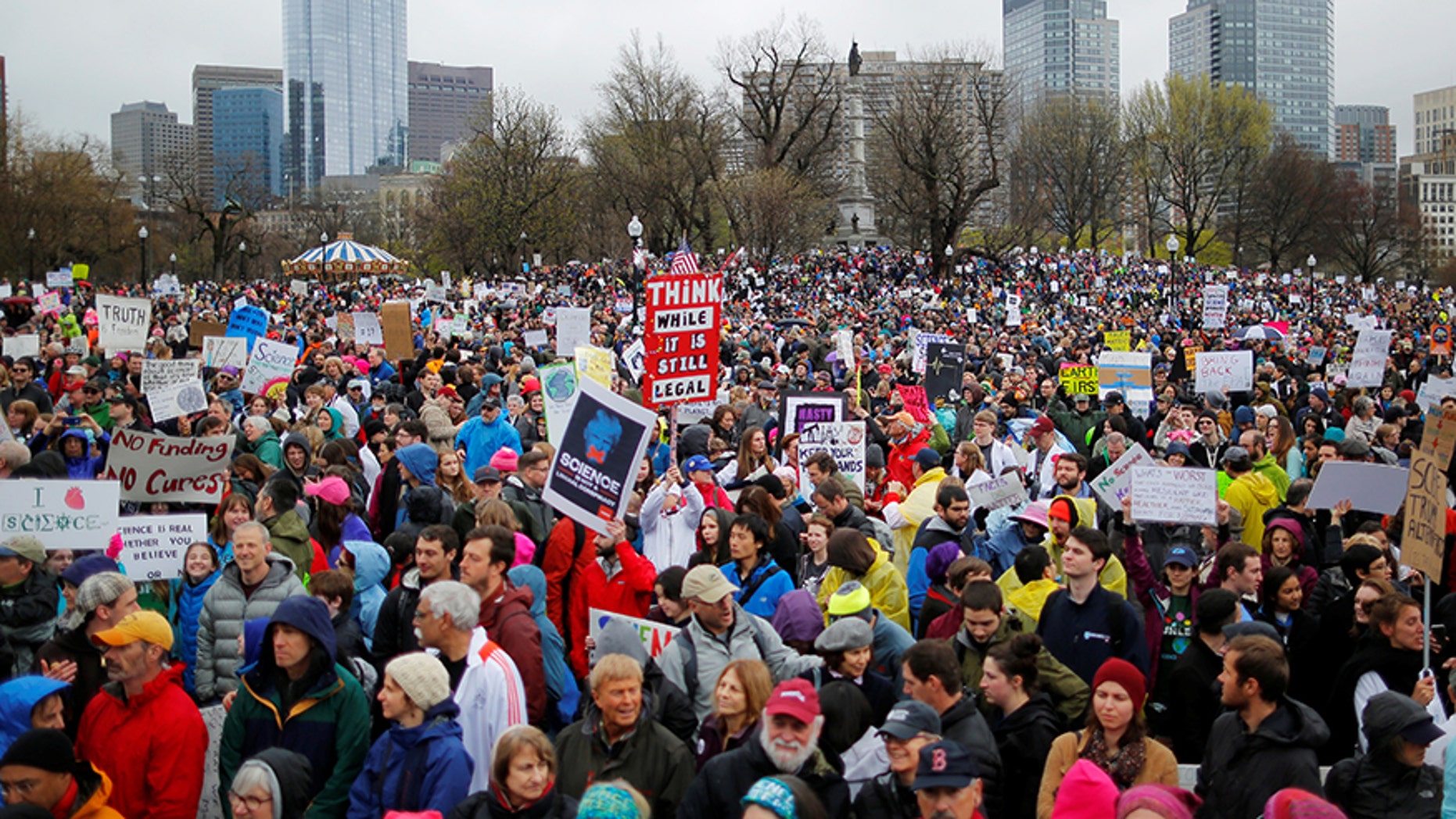 April 22, 2017: Demonstrators gather for the March for Science rally on Boston Common. Boston granted permission for an event this weekend that organizers are calling a free speech rally, but some people fear it is actually a white nationalist rally similar to the one that erupted in violence in Charlottesville.