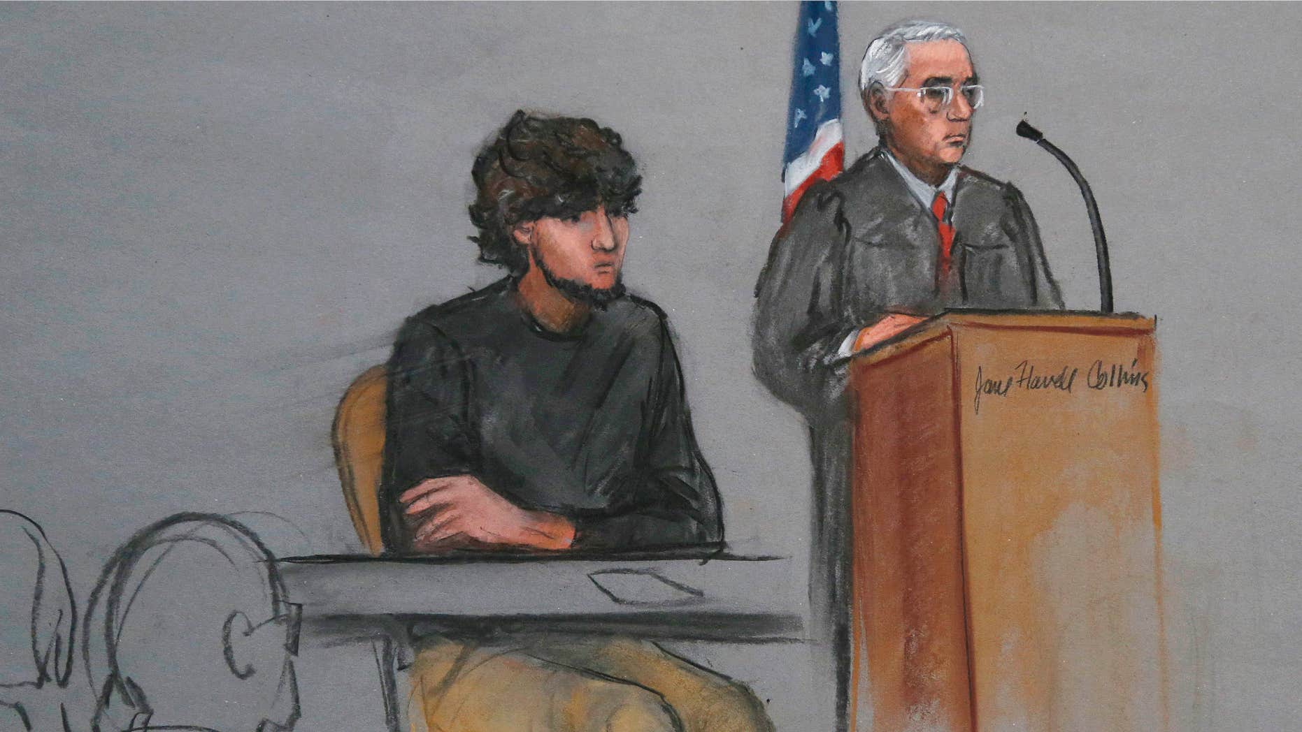 Jan. 5, 2015: File courtroom sketch, Boston Marathon bombing suspect Dzhokhar Tsarnaev, left, is depicted beside U.S. District Judge George O'Toole Jr., right, as O'Toole addresses a pool of potential jurors in a jury assembly room at the federal courthouse, in Boston.