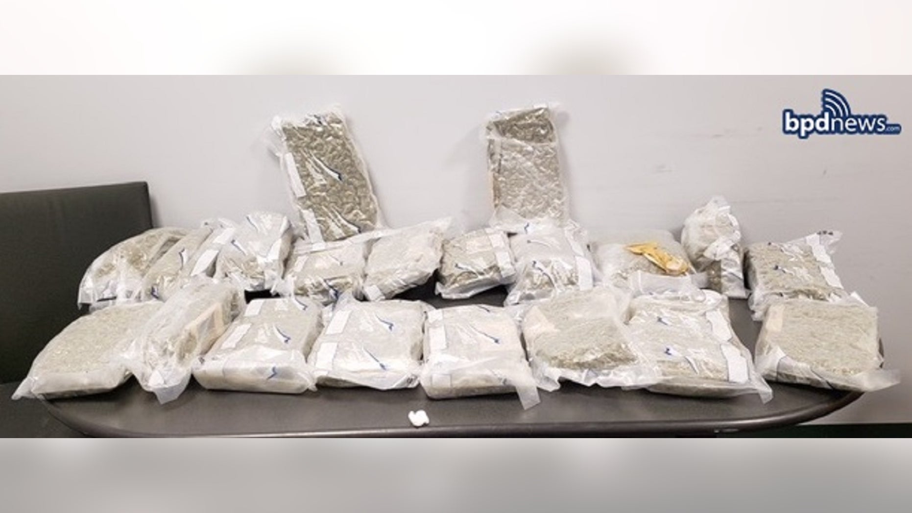 Massachusetts police recovered a package of what appeared to be 20 bags of marijuana.