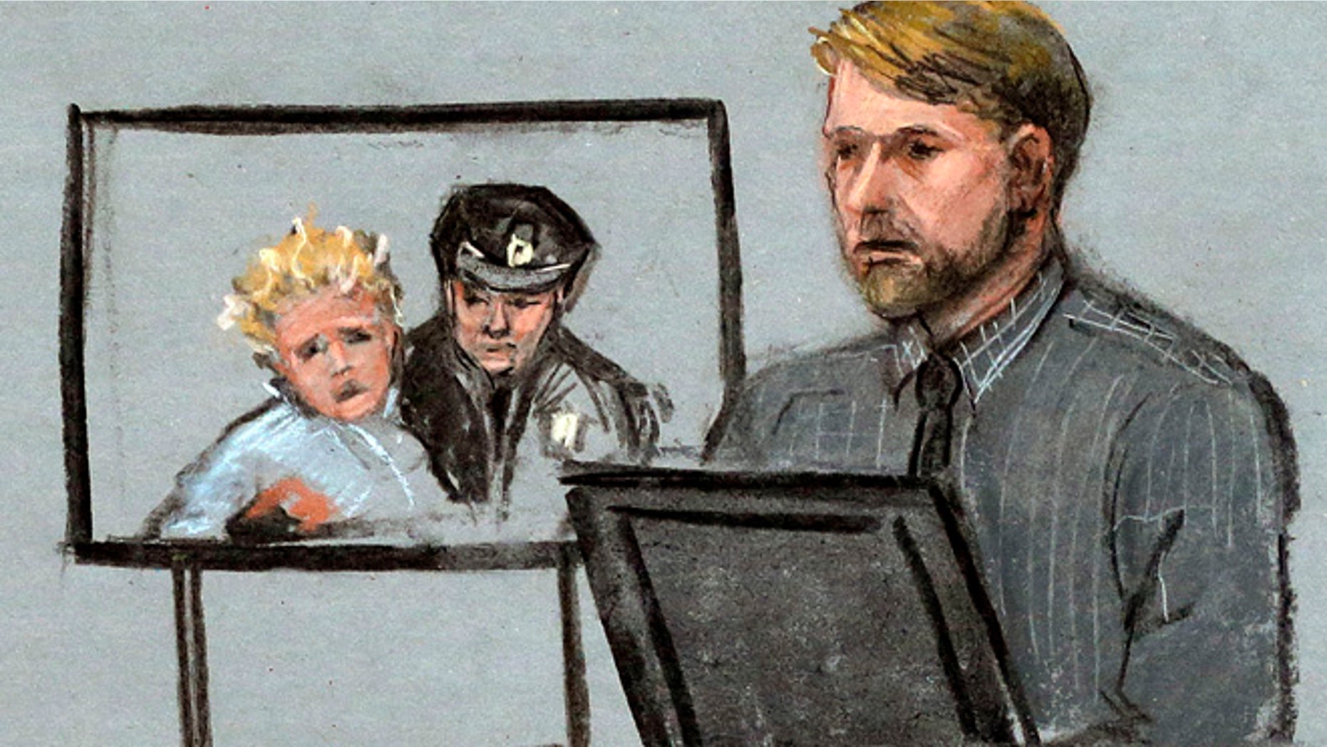 Apr. 23, 2015: In this courtroom sketch, Boston Marathon bombing survivor Steve Woolfenden, right, is depicted on the witness stand beside a photo of his injured son Leo being carried to safety, left, during the penalty phase in the trial of Boston Marathon bomber Dzhokhar Tsarnaev, (AP)