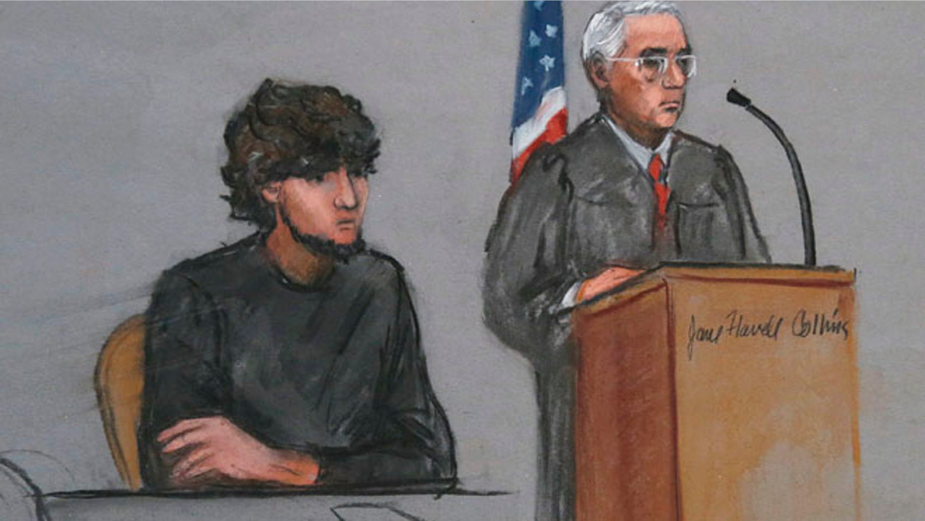 Jan. 5, 2015: In this file courtroom sketch, Boston Marathon bombing suspect Dzhokhar Tsarnaev, left, is depicted beside U.S. District Judge George O'Toole Jr., right, as O'Toole addresses a pool of potential jurors in a jury assembly room at the federal courthouse, in Boston.(AP)
