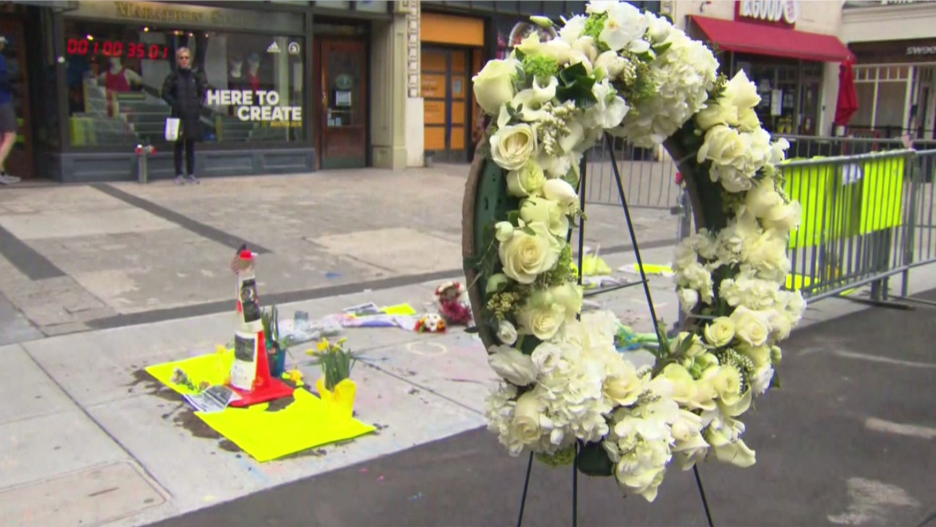 A wreath is displayed at the memorial site in Boston where one of the bombs exploded in 2013 at the Boston Marathon.