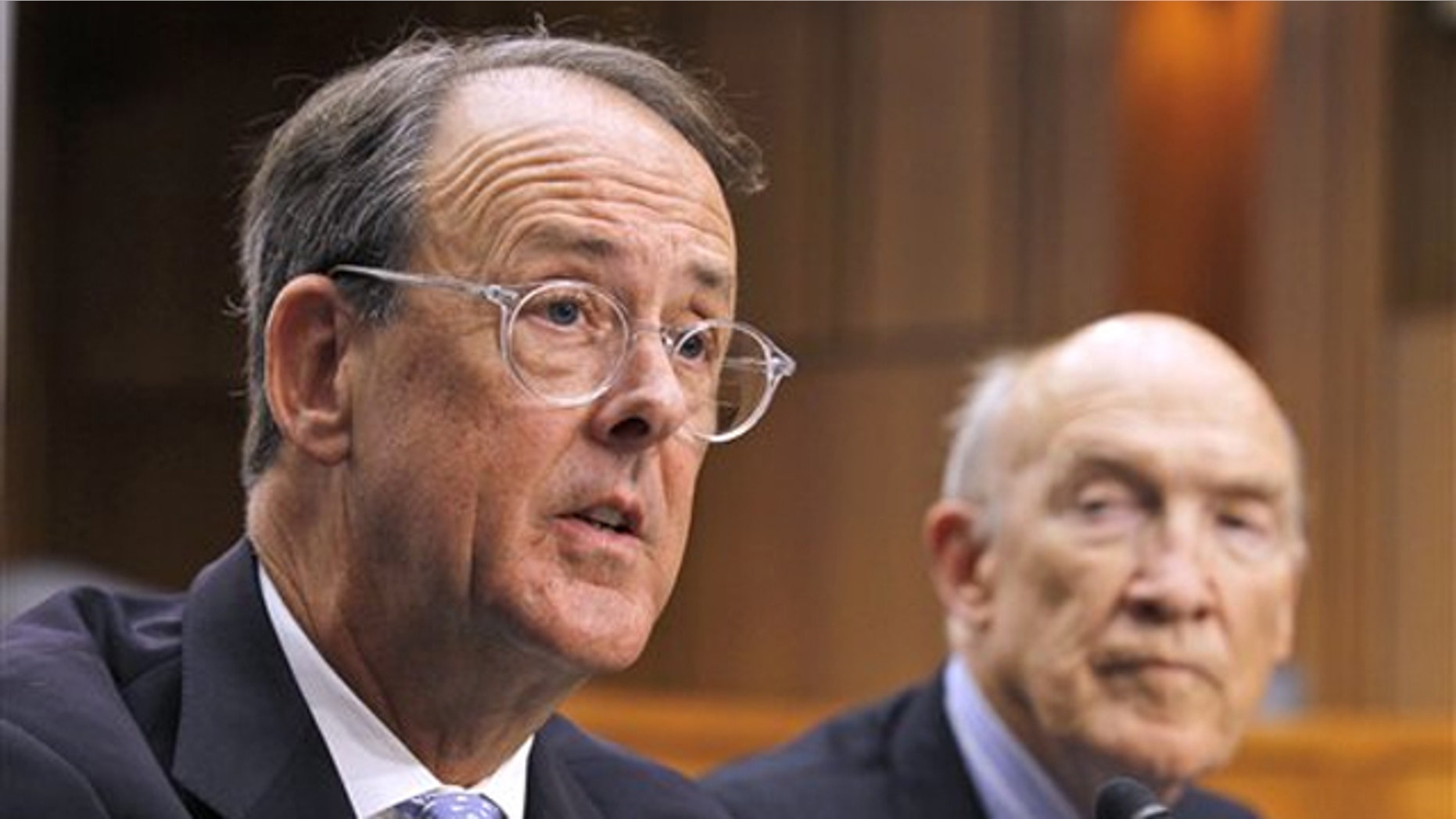 Debt Commission co-chairmen Erskine Bowles, left, and Alan Simpson speak to the media after a meeting in Washington Dec. 1. (AP Photo)