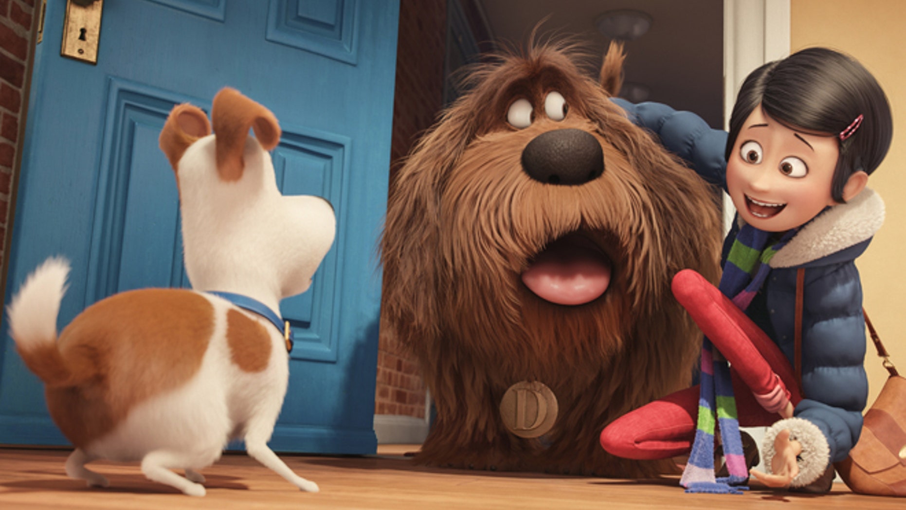 In this image released by Universal Pictures, from left, characters Max, voiced by Louis C.K., Duke, voiced by Eric Stonestreet, and Katie, voiced by Ellie Kemper, appear in a scene from, "The Secret Lives of Pets." (Illumination Entertainment and Universal Pictures via AP)