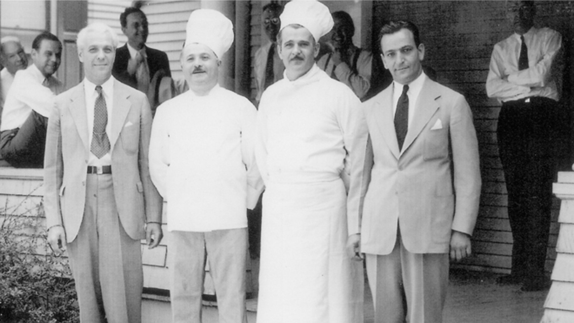 Once Americans could buy Chef Boyardee at A&P supermarkets in 1928, the company exploded. (From left to right) Great uncle Paul, grea tuncle Hector, Anna Boiardi’s grandfather Mario, Carl Columbi (Secretary at Chef Boyardee) in Milton, Pennsylvania.