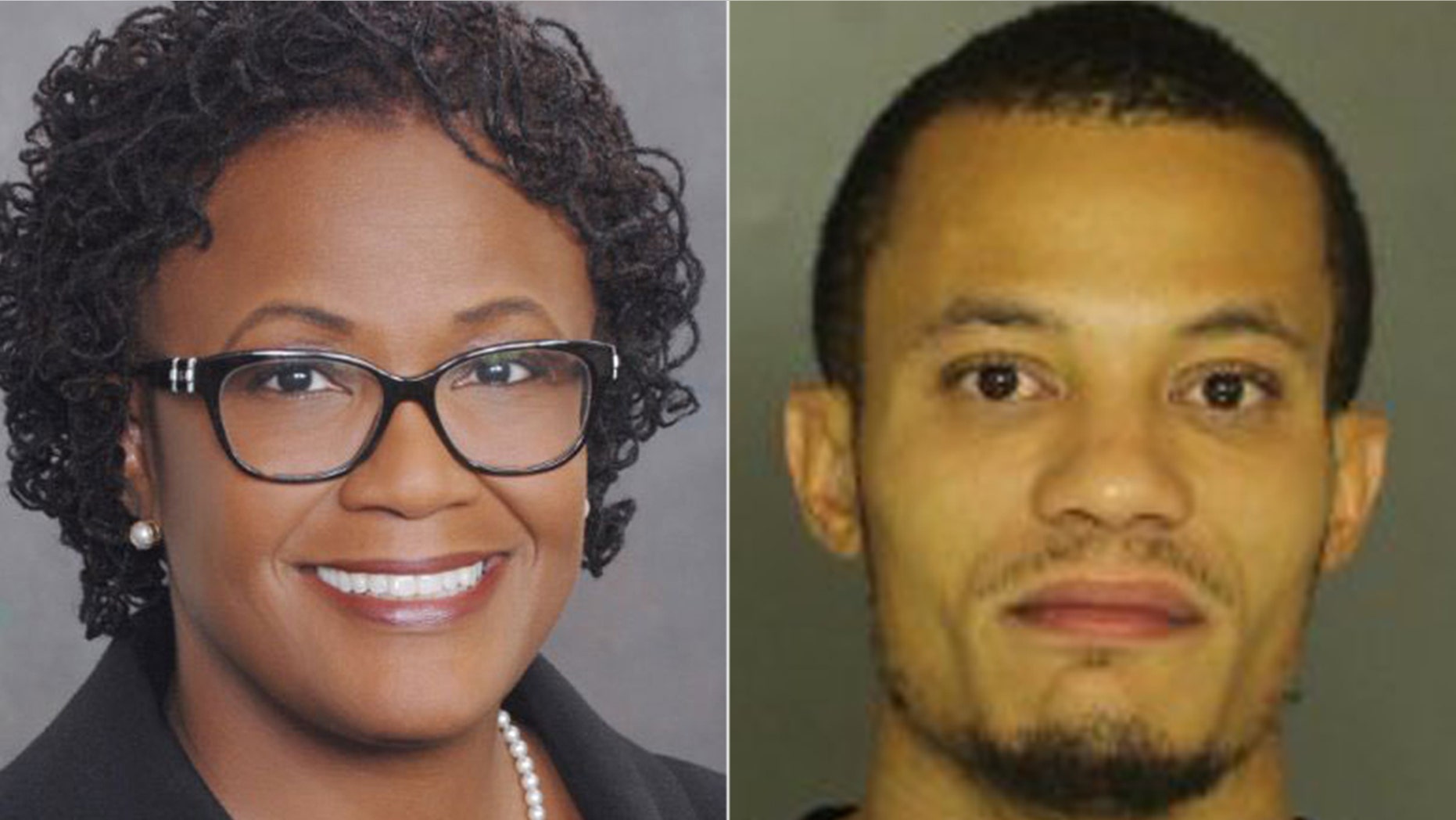 Mayor Kim Bracey of York, Pa. and a mugshot (r) of her son Brandon Anderson, 30