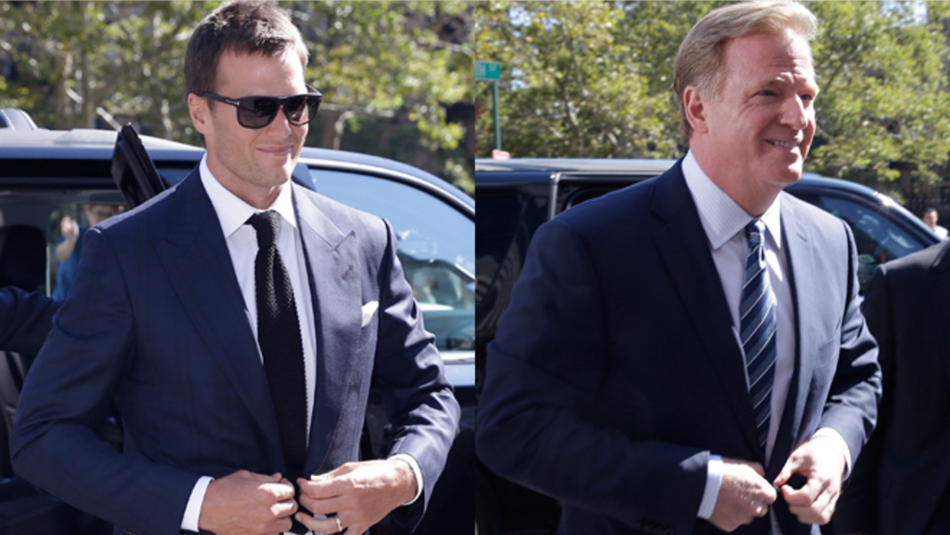 New England Patriots quarterback Tom Brady, left, and NFL Commissioner Roger Goodell arrive for court in New York.