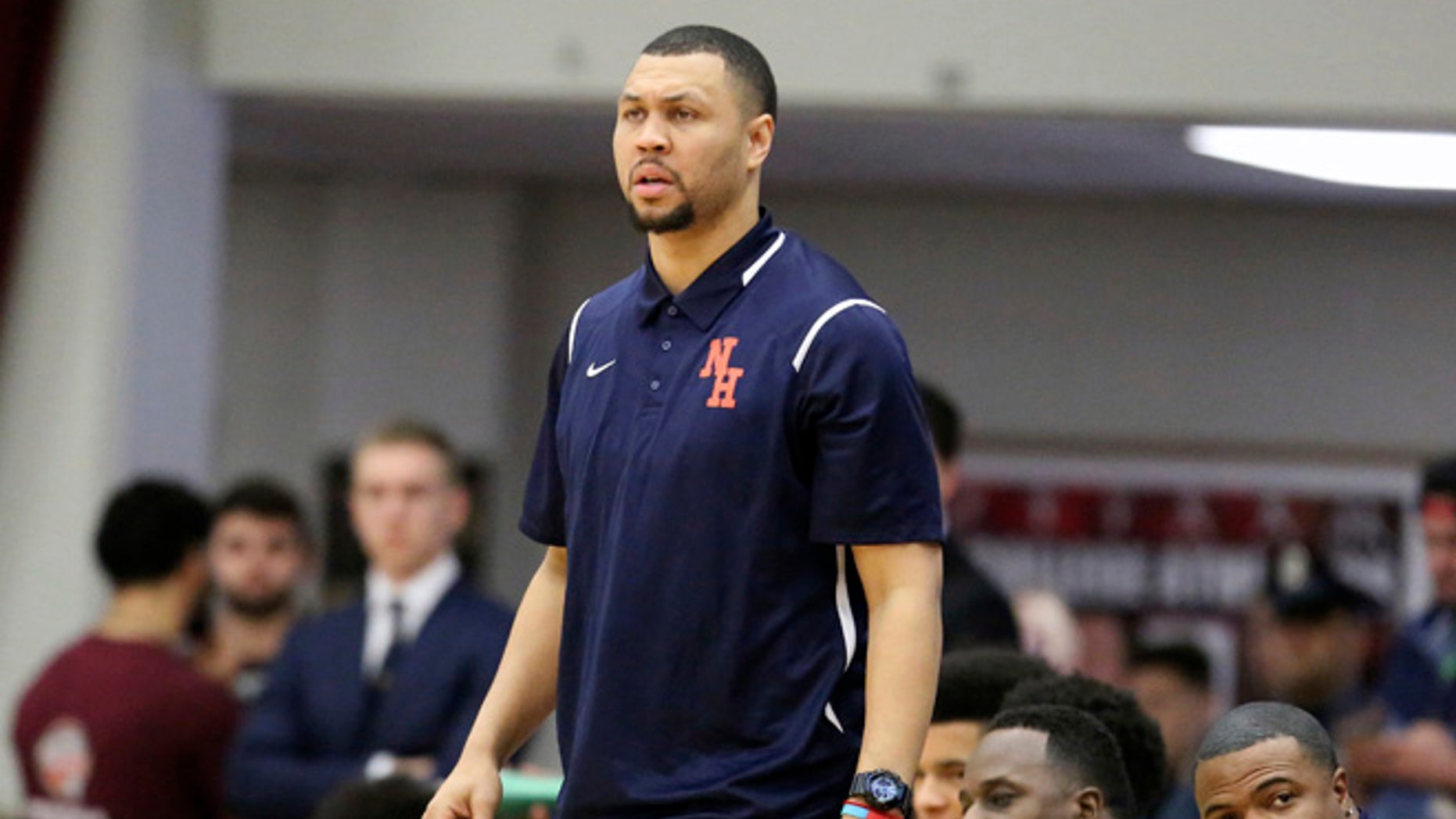 FILE - In this Jan. 16, 2017, file photo, Nathan Hale's head coach Brandon Roy is seen on the sidelines against Oak Hill Academy during a high school basketball game at the 2017 Hoophall Classic, in Springfield, Mass.