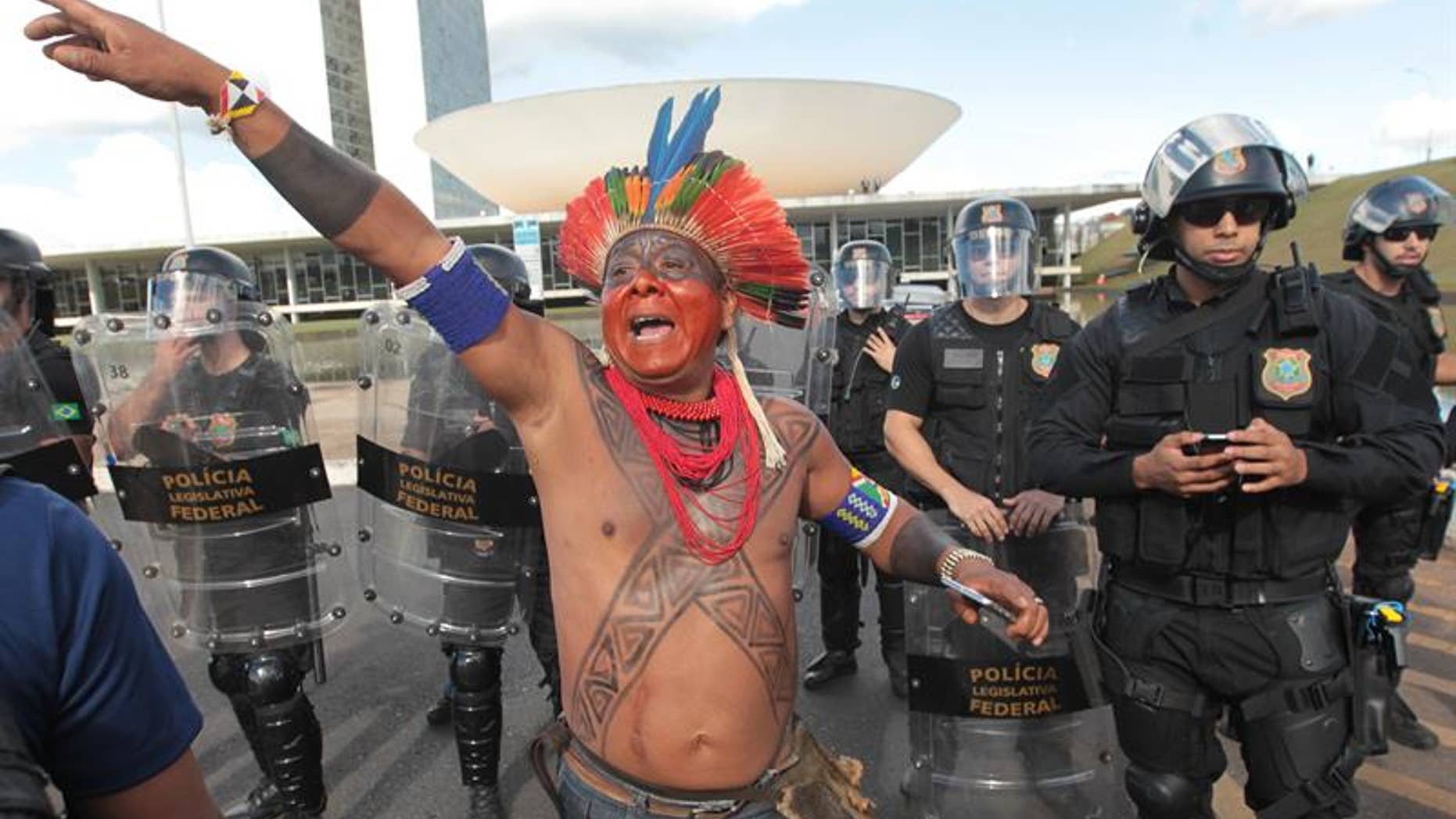 An indigenous protester during a protest next to Explanada dos Ministerios in Brasilia, April 25, 2017.