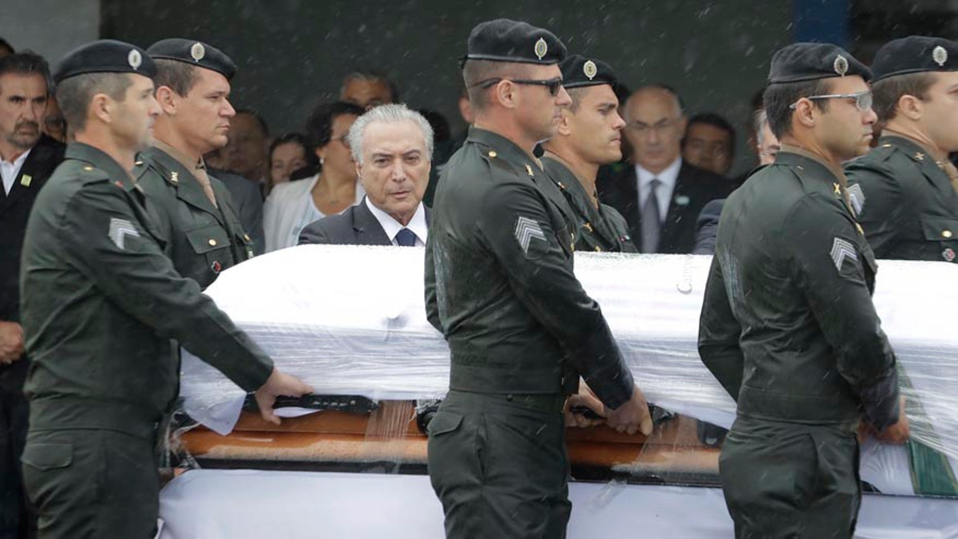 Dec. 3, 2016: President Michel Temer attends the arrival ceremony of the coffins with the remains of Chapecoense soccer team victims, in Chapeco, Brazil.