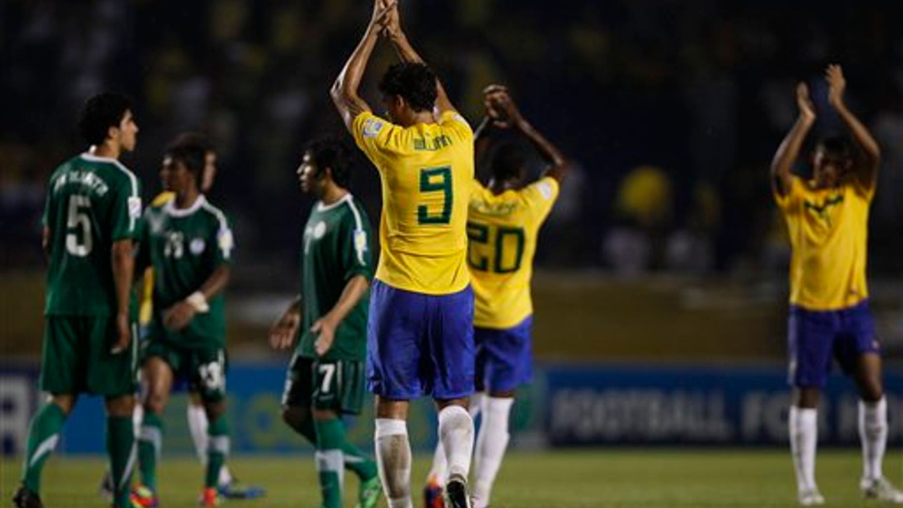Aug 10: Brazil players celebrates at the end of a U-20 World Cup round of 16 soccer match against Saudi Arabia in Barranquilla, Colombia. Brazil won 3-0. (AP Photo/Fernando Llano)