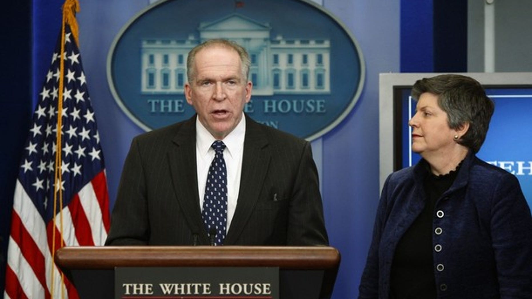 FILE: Assistant to the President for Counterterrorism and Homeland Security John Brennan briefs reporters at the White House on Jan. 7, 2010, as Secretary of Homeland Security Janet Napolitano looks on. (REUTERS)