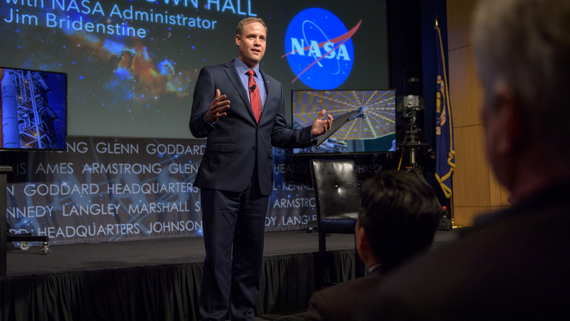 NASA Administrator Jim Bridenstine spoke at an agency town hall event on May 17, 2018, where he took employee questions and reassured them about his stance on climate change.