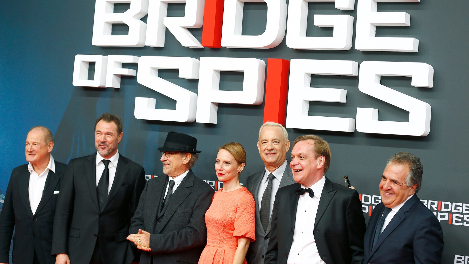 November 13, 2015. Film director Stephen Spielberg, actors Tom Hanks (3rd R) Amy Ryan (4th R) Sebastian Koch (2nd L) and cast members arrive for the premiere of the film "Bridge of Spies" in Berlin, Germany.
