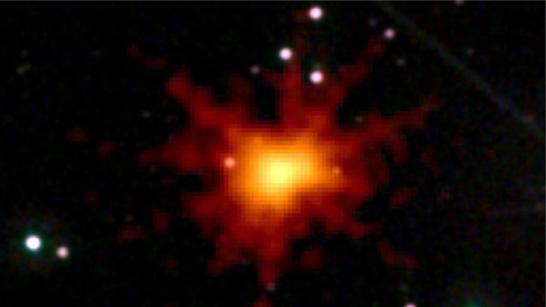 The brightest gamma-ray burst ever seen in X-rays that temporarily blinded Swift's X-ray Telescope is seen in this handout taken by NASA's Swift space observatory on June 21, 2010 and released on July 14, 2010. The gamma-ray burst and explosion of x-rays that followed came from a star that died 5 billion years ago, far beyond our own Milky Way galaxy, NASA and British scientists said. It took this long for the radiation to reach the Swift orbiting observatory.