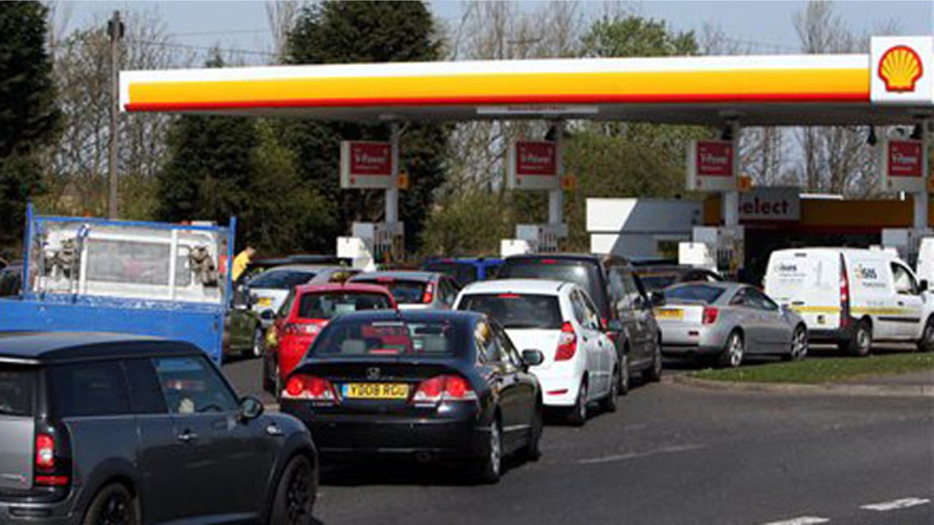 March 29, 2012: Drivers queue for petrol and diesel at a fuel station in Gateshead, England.