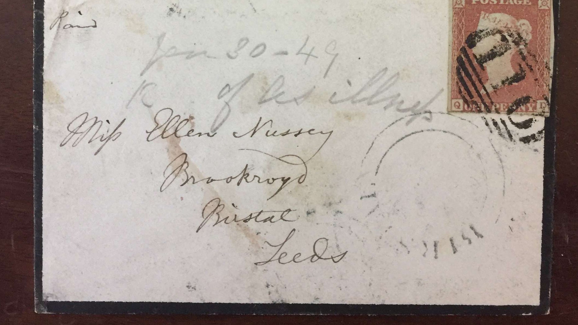 The envelope addressed to Bronte's friend Ellen Nussey postmarked Jan. 30, 1849 (Henry Aldridge & Son).