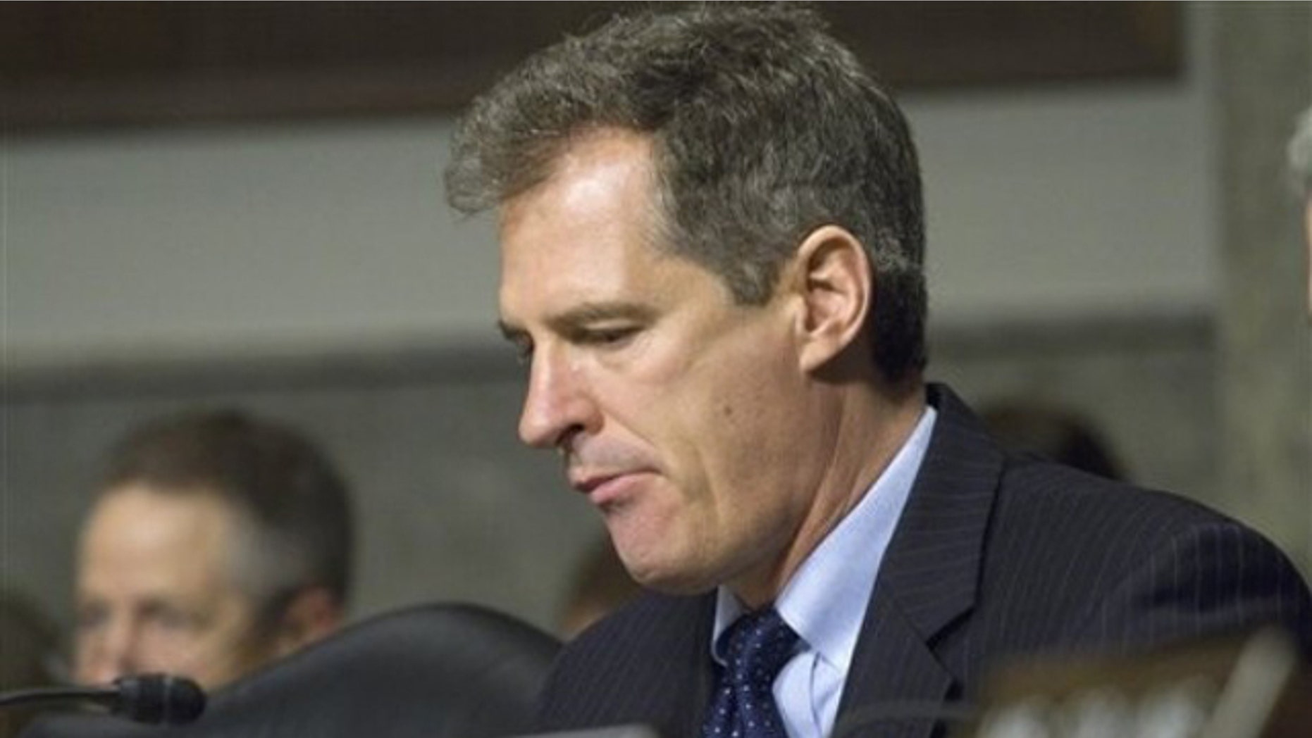 Sen. Scott Brown takes part in a Senate Armed Services Committee hearing on Capitol Hill Feb. 17.