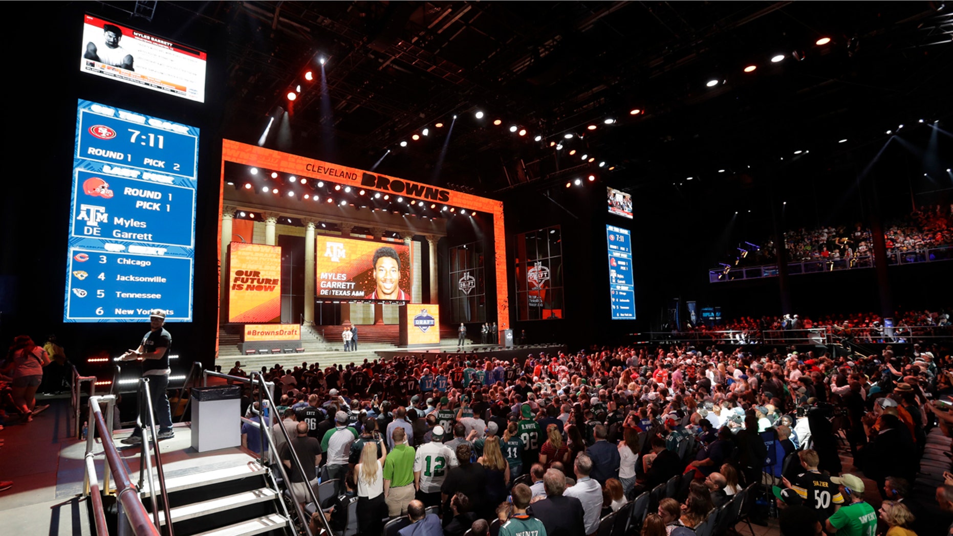Fans cheer after Texas A&M's Myles Garrett was selected with the number one overall pick by the Cleveland Browns during the first round of the 2017 NFL football draft, Thursday, April 27, 2017, in Philadelphia.