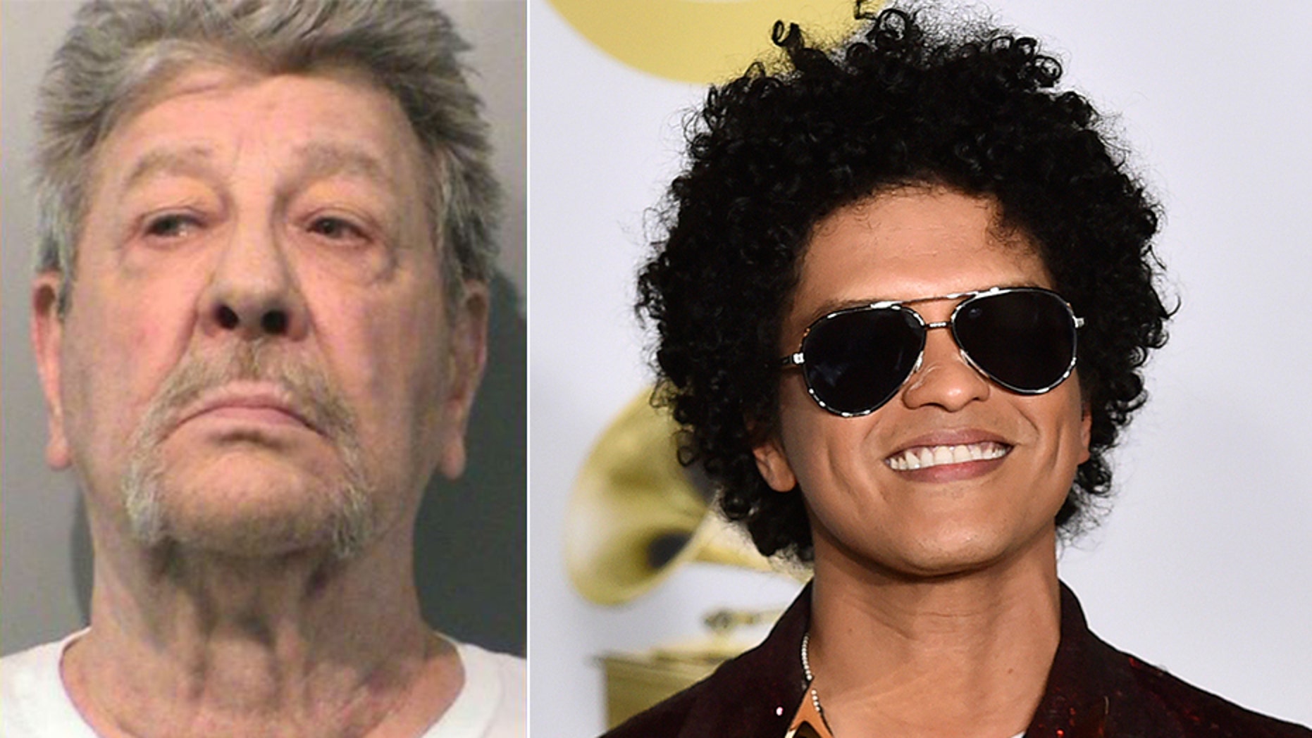 Roger Washburn, left, is accused of pistol-whipping his friend in a dispute over a song sung by Bruno Mars, right.