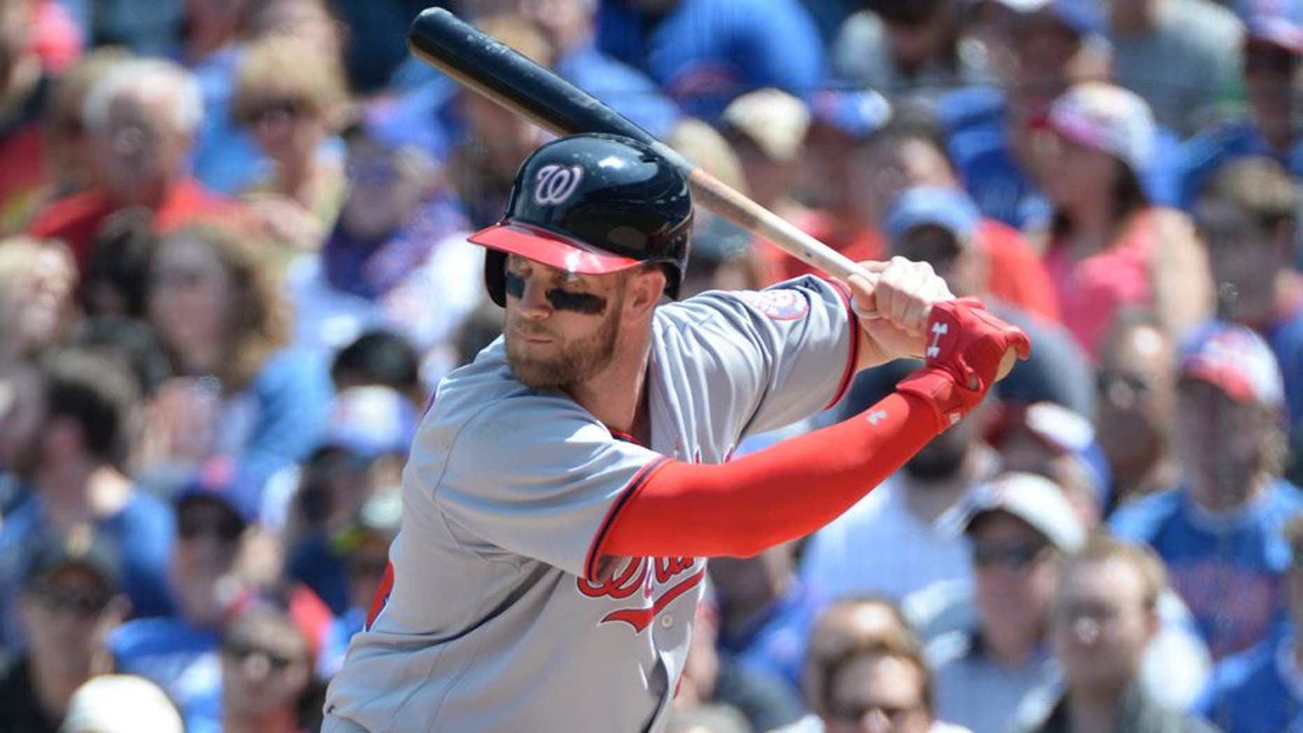 Washington Nationals Bryce Harper (34) during a game against theChicago Cubs on May 6 2016 at Wrigley Field in Chicago, IL. The Cubs beat the Nationals 8-6.(David Durochik via AP)