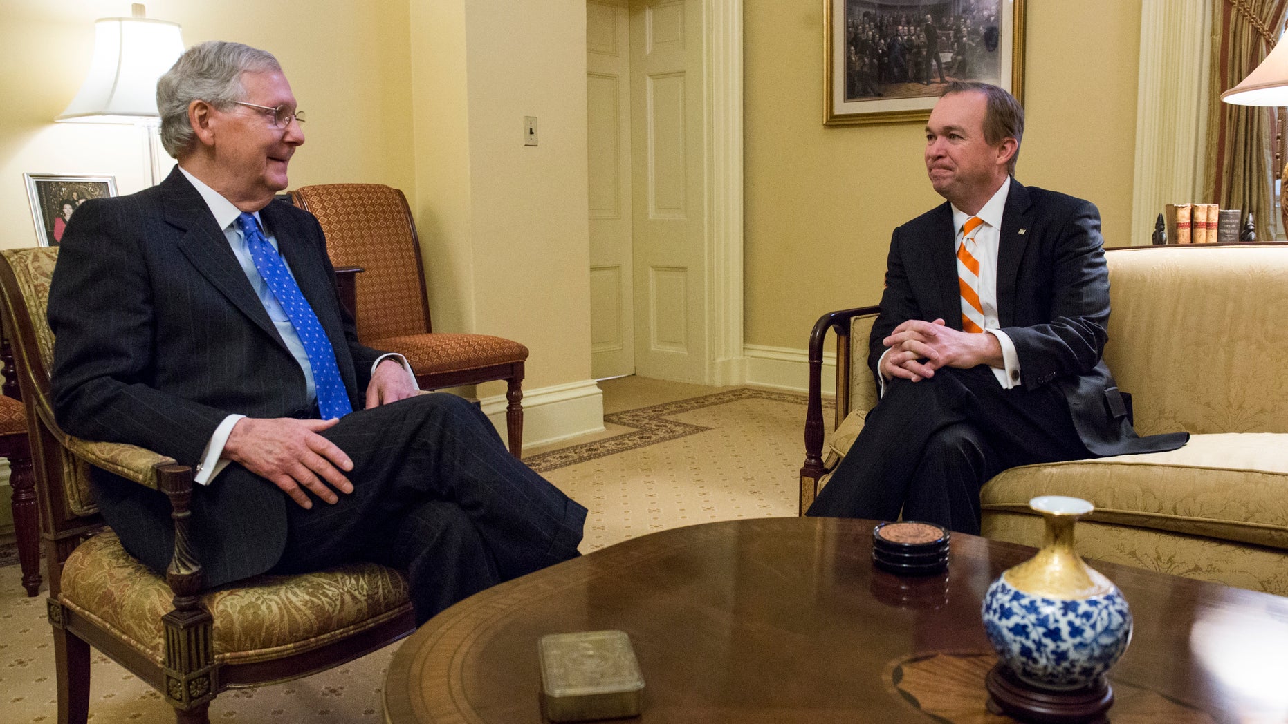 Jan. 5, 2017: Senate Majority Leader Mitch McConnell of Ky., left, meets with Budget Director-designate Rep. Mick Mulvaney, R-S.C. on Capitol Hill in Washington.