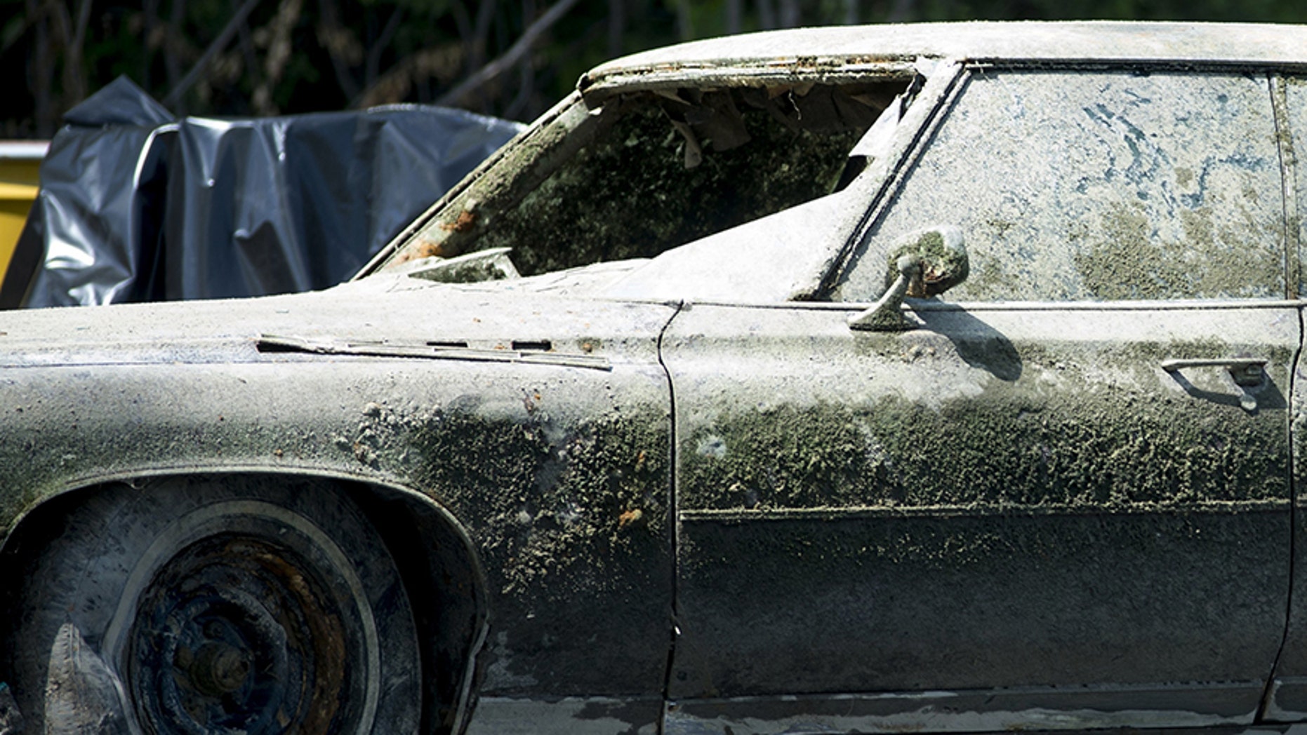 This Aug. 15, 2017 photo shows a car containing a body was discovered submerged in a pond in Buena Vista Township, Mich. The discovery of the Buick sedan was made by workers removing barrels from the pond. (Jacob Hamilton/The Bay City Times via AP)
