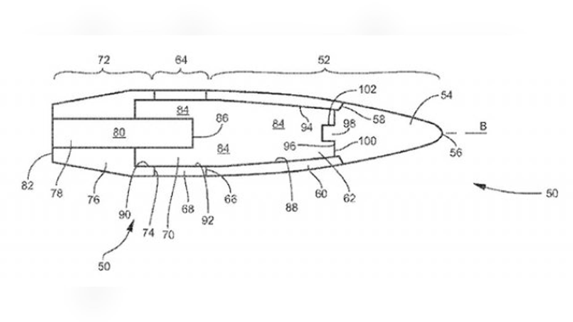 The image above accompanies U.S. Patent 9,121,679 B1, "Limited Range Projectile," (USPTO).