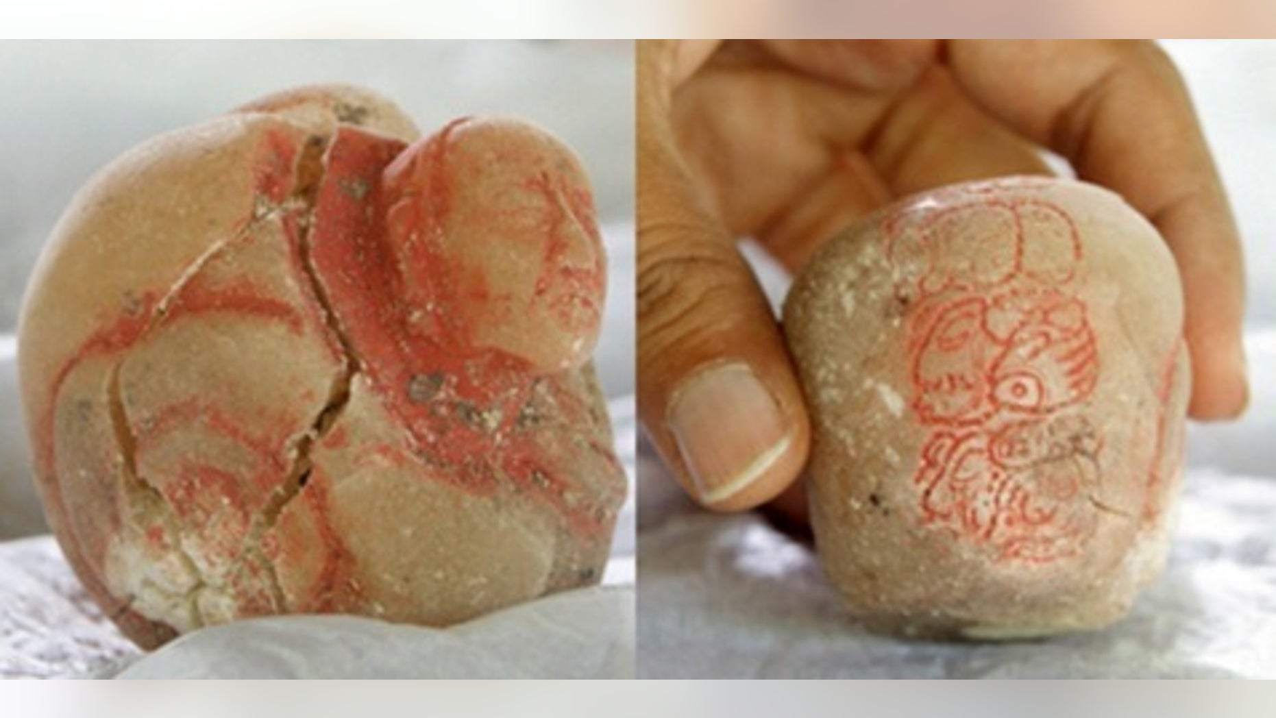 The carved alabaster vessel (shown from two sides) found in the burial chamber caused the archaeologists to conclude the tomb was that of Lady K’abel.